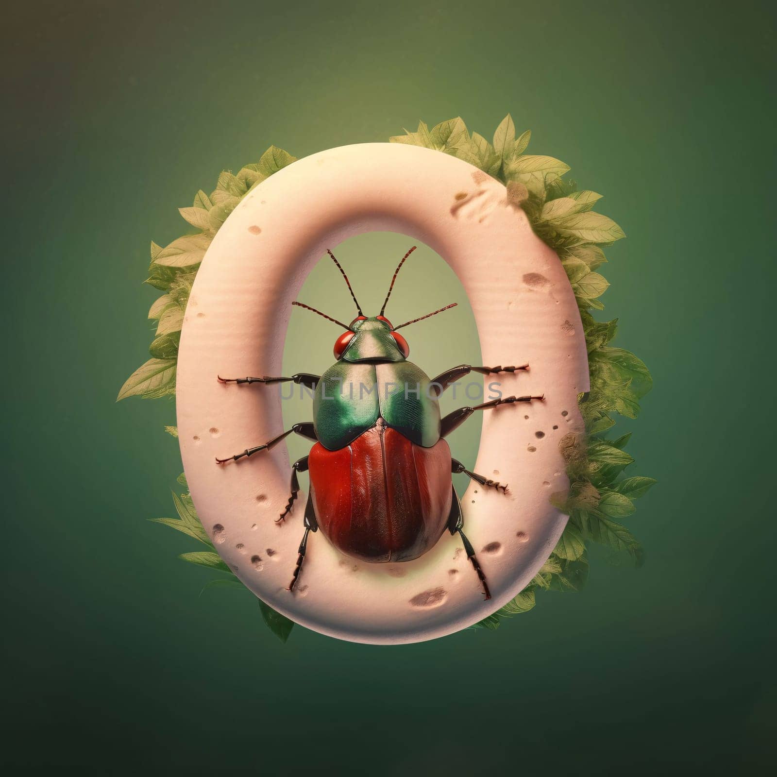 stag beetle on the ring with green leaves. 3d illustration letter O by ThemesS