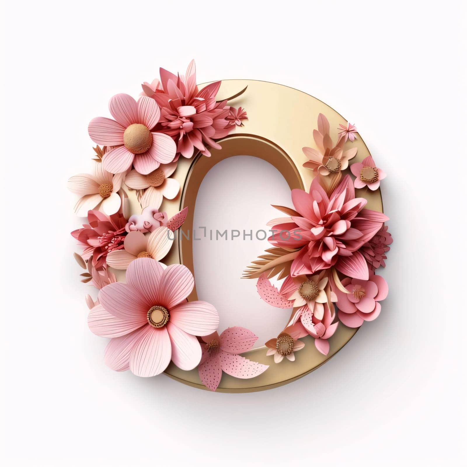 Graphic alphabet letters: Floral font with flowers and petals. Letter O. 3D rendering