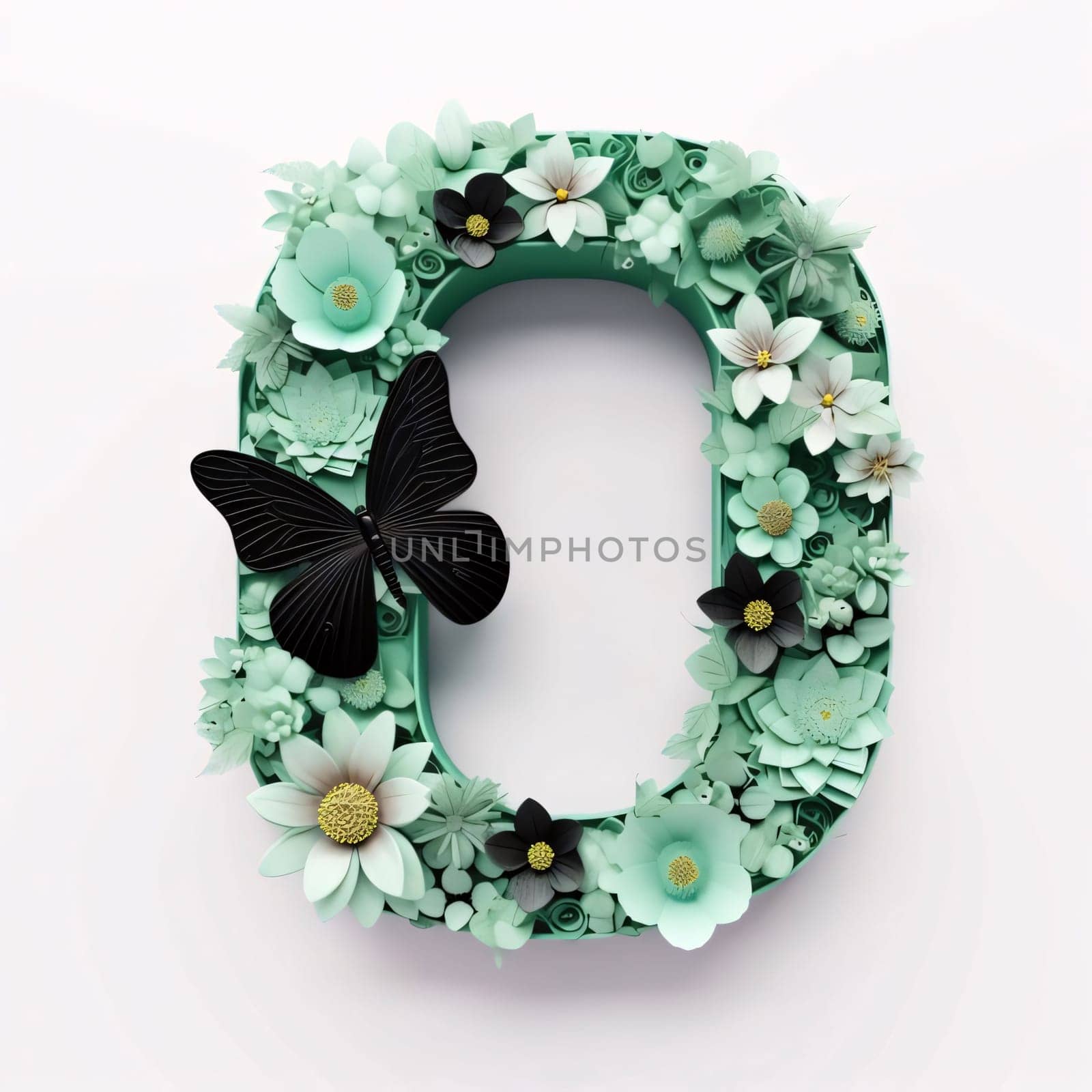 Alphabet letter O made of flowers and butterflies. 3d rendering by ThemesS