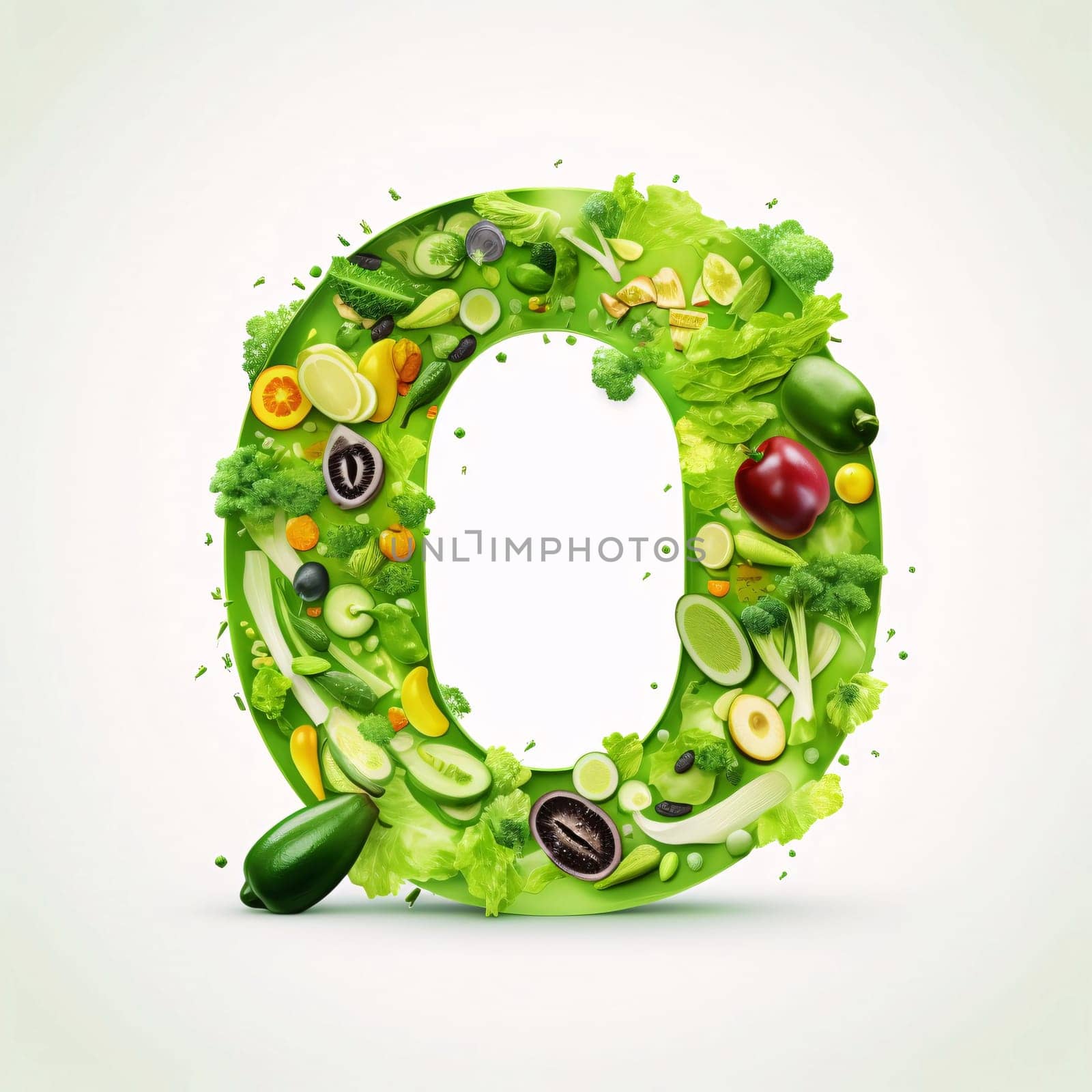 Letter O made of fresh vegetables and fruits. Healthy food font. by ThemesS