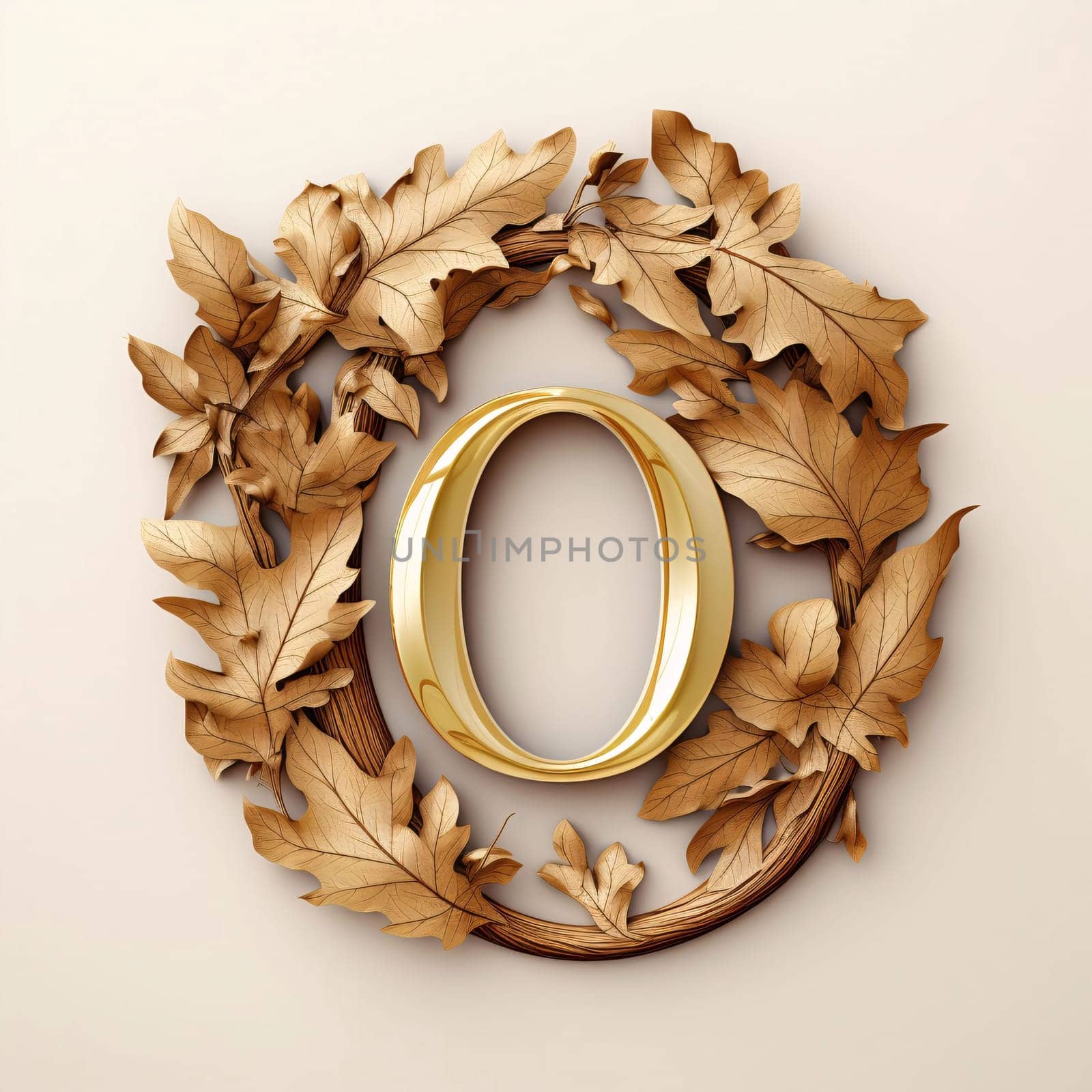 letter O in autumn leaves wreath. 3d render illustration. by ThemesS