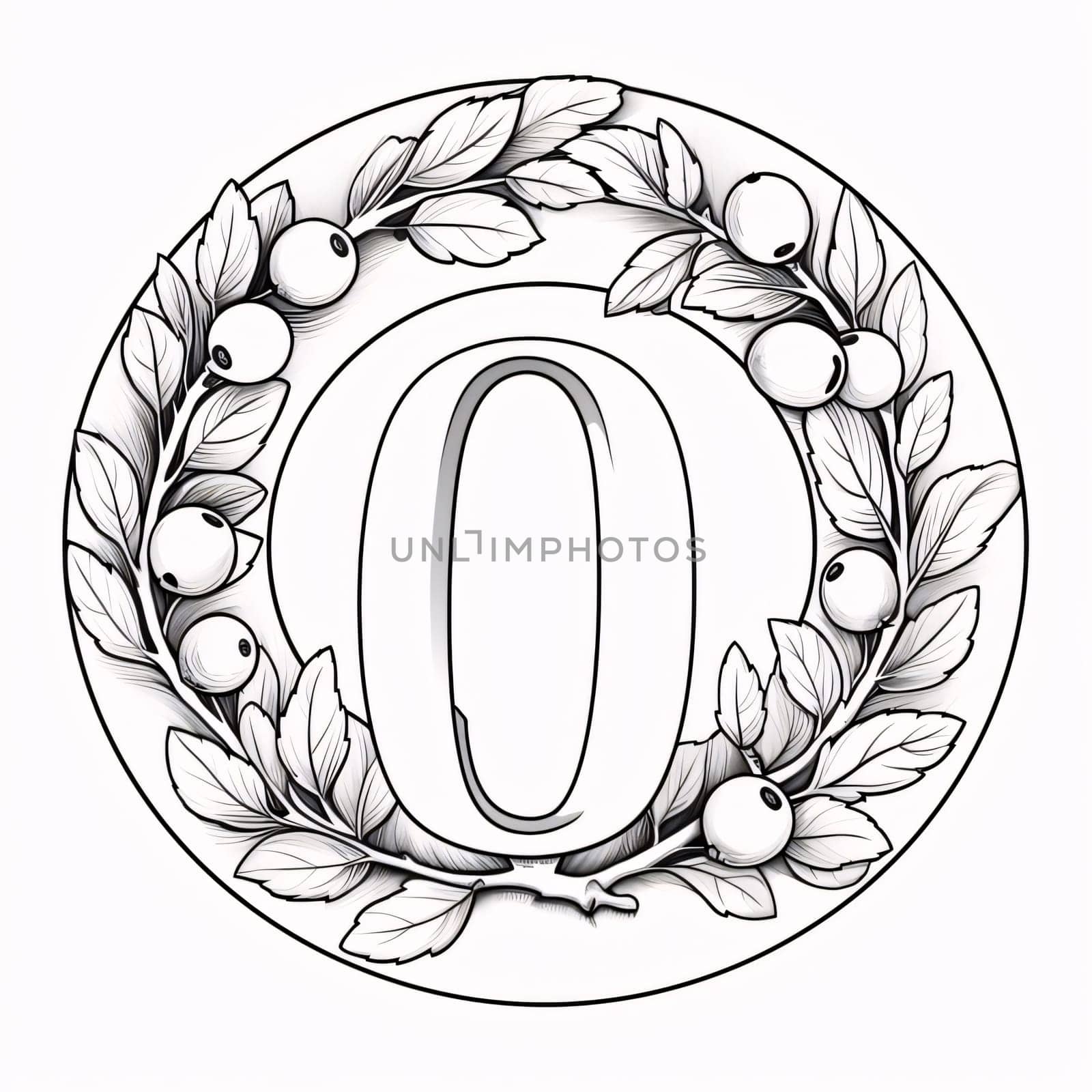 Alphabet letter O in floral frame. Black and white vector illustration. by ThemesS