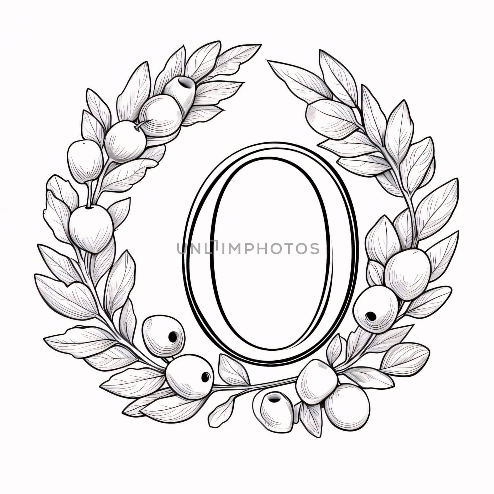 O letter with leaves and berries. Black and white vector illustration. by ThemesS