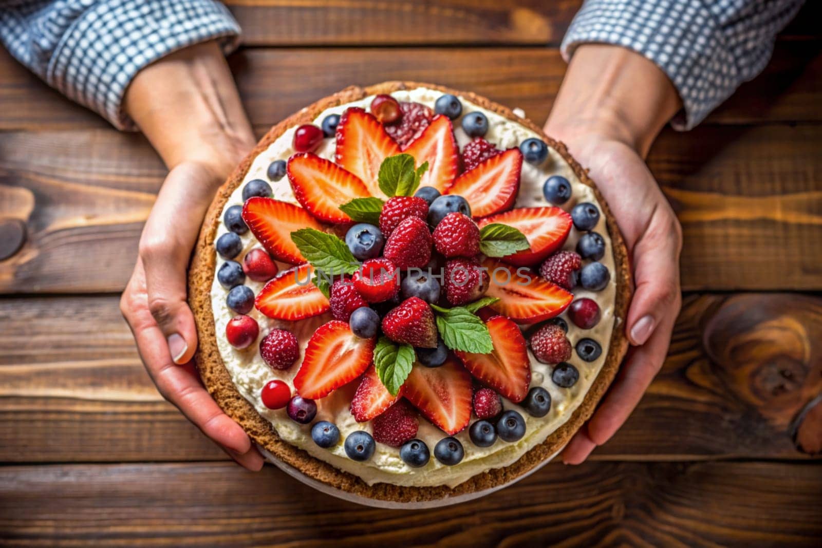 Woman holding plate with delicious berry pie on wooden background, top view. Ai generated by alenamoore