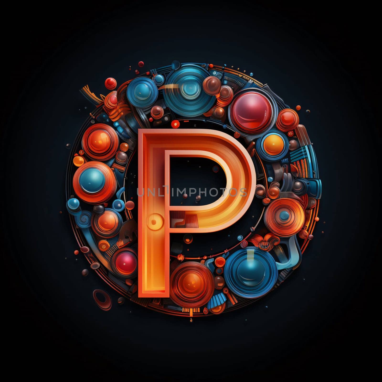 Graphic alphabet letters: P letter futuristic design, futuristic colorful alphabet with circles. Vector illustration.