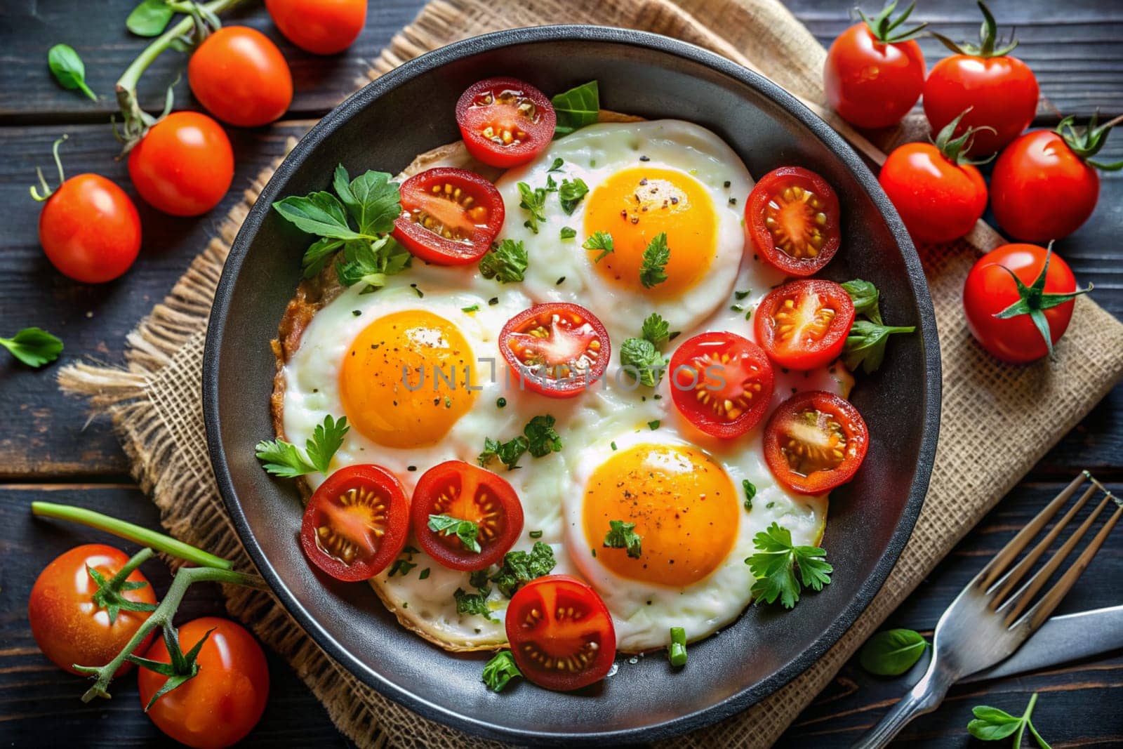 Fried eggs in a frying pan with cherry tomatoes for breakfast on a black background. Ai generated by alenamoore