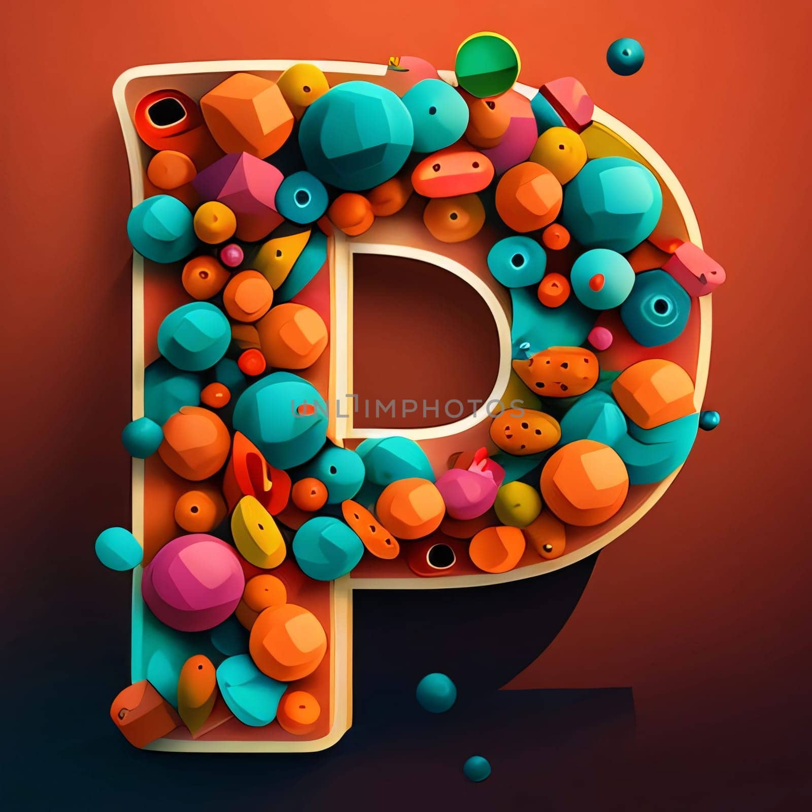 Graphic alphabet letters: 3d letter P with colorful balls on orange background. 3d rendering