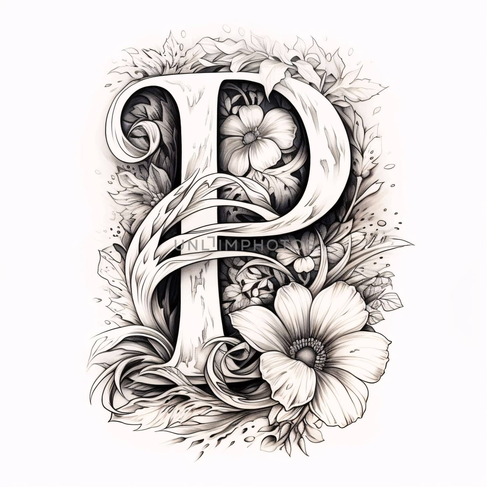 Tattoo art, sketch of alphabet with flowers and leaves. letter P by ThemesS