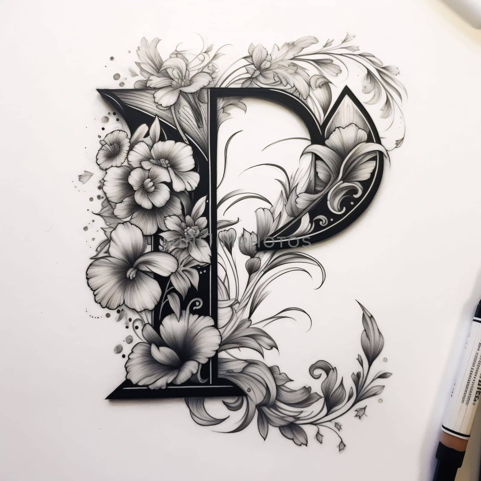 Luxury floral letter P with flowers and leaves, hand-drawing by ThemesS