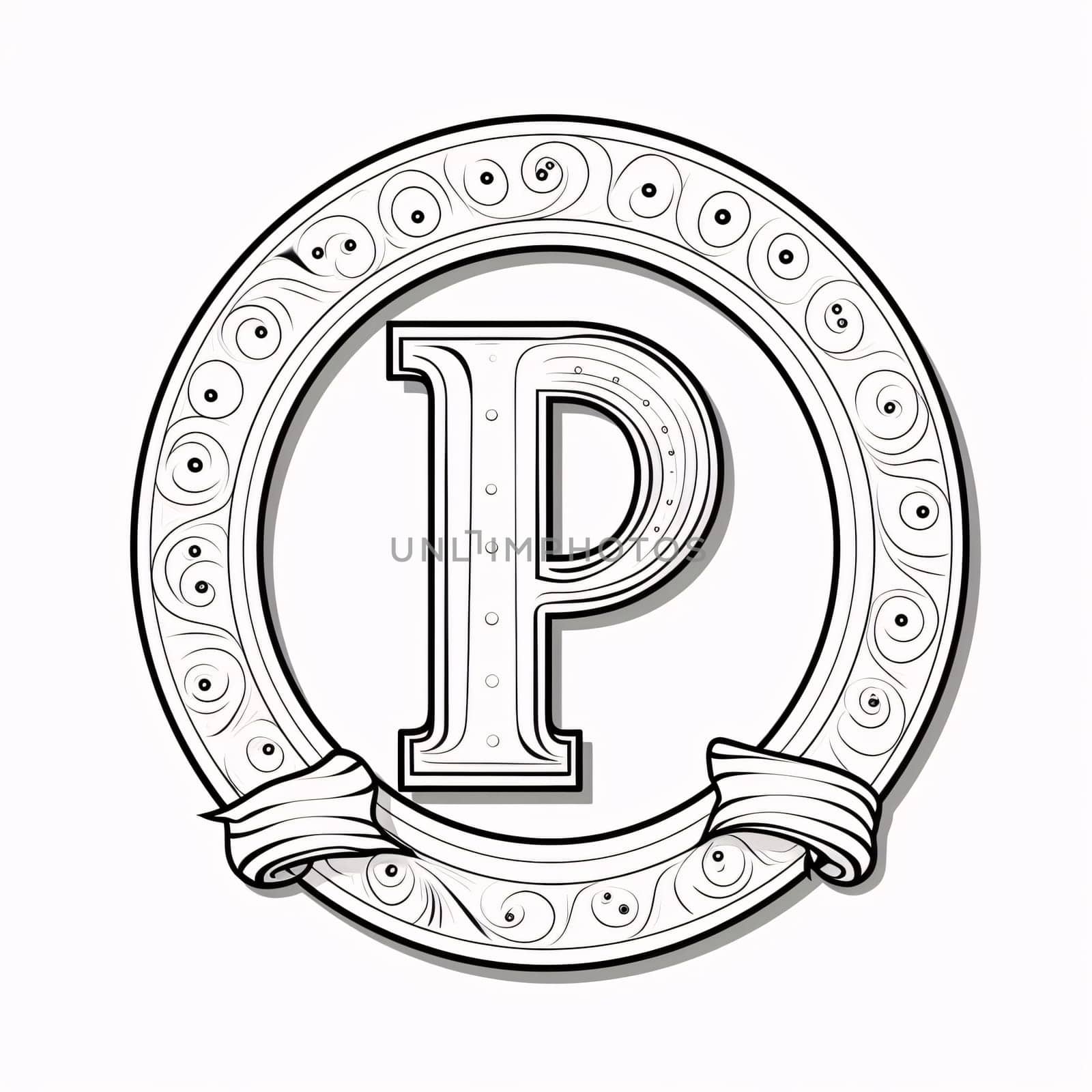 Vintage letter P in silver circle frame with ribbon. Vector illustration. by ThemesS