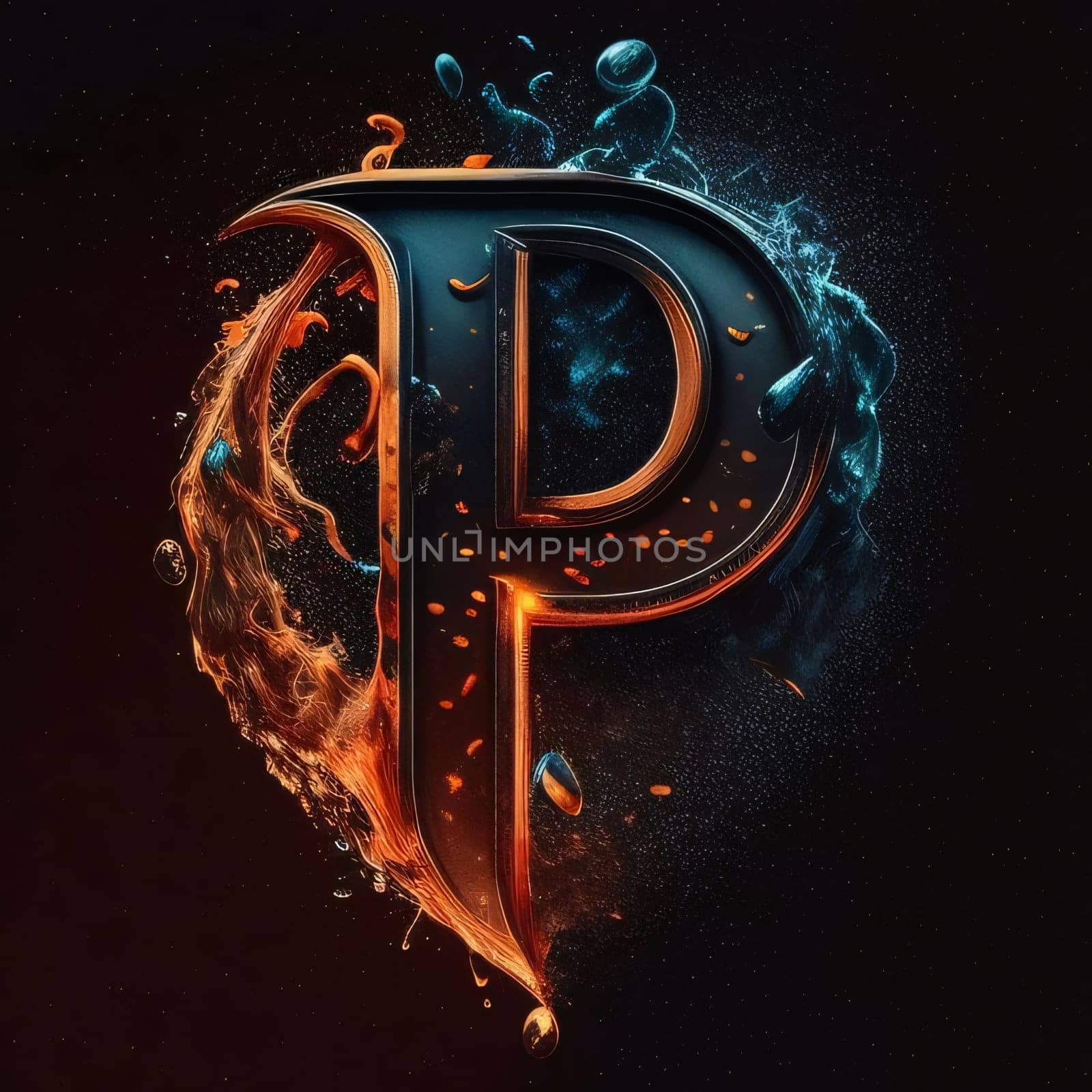 Fiery letter P with splash and drops isolated on black background. 3d rendering by ThemesS