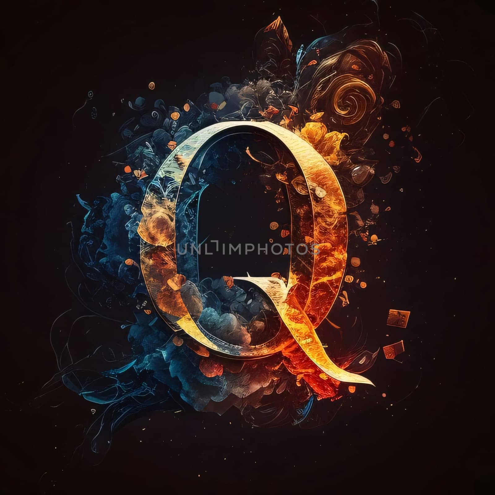 Flaming letter Q in the smoke. 3D Illustration by ThemesS