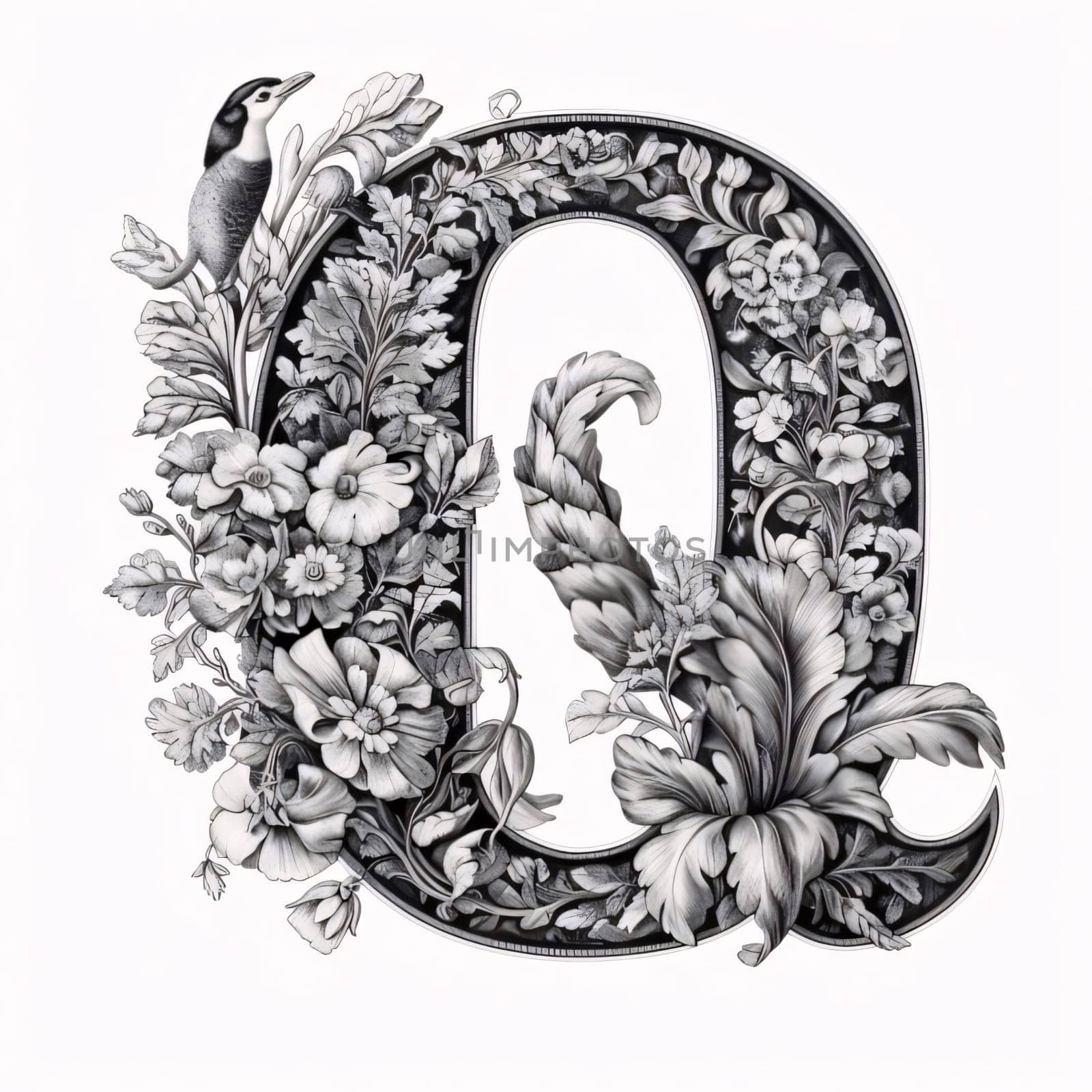 Vintage floral capital letter Q with flowers and birds. Hand-drawn illustration. by ThemesS