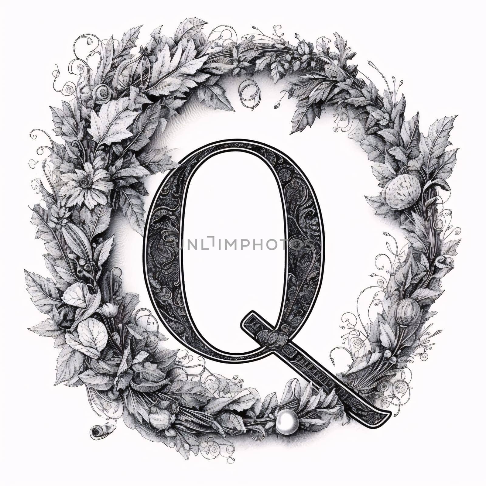 Graphic alphabet letters: Hand drawn letter Q with floral wreath. Black and white illustration