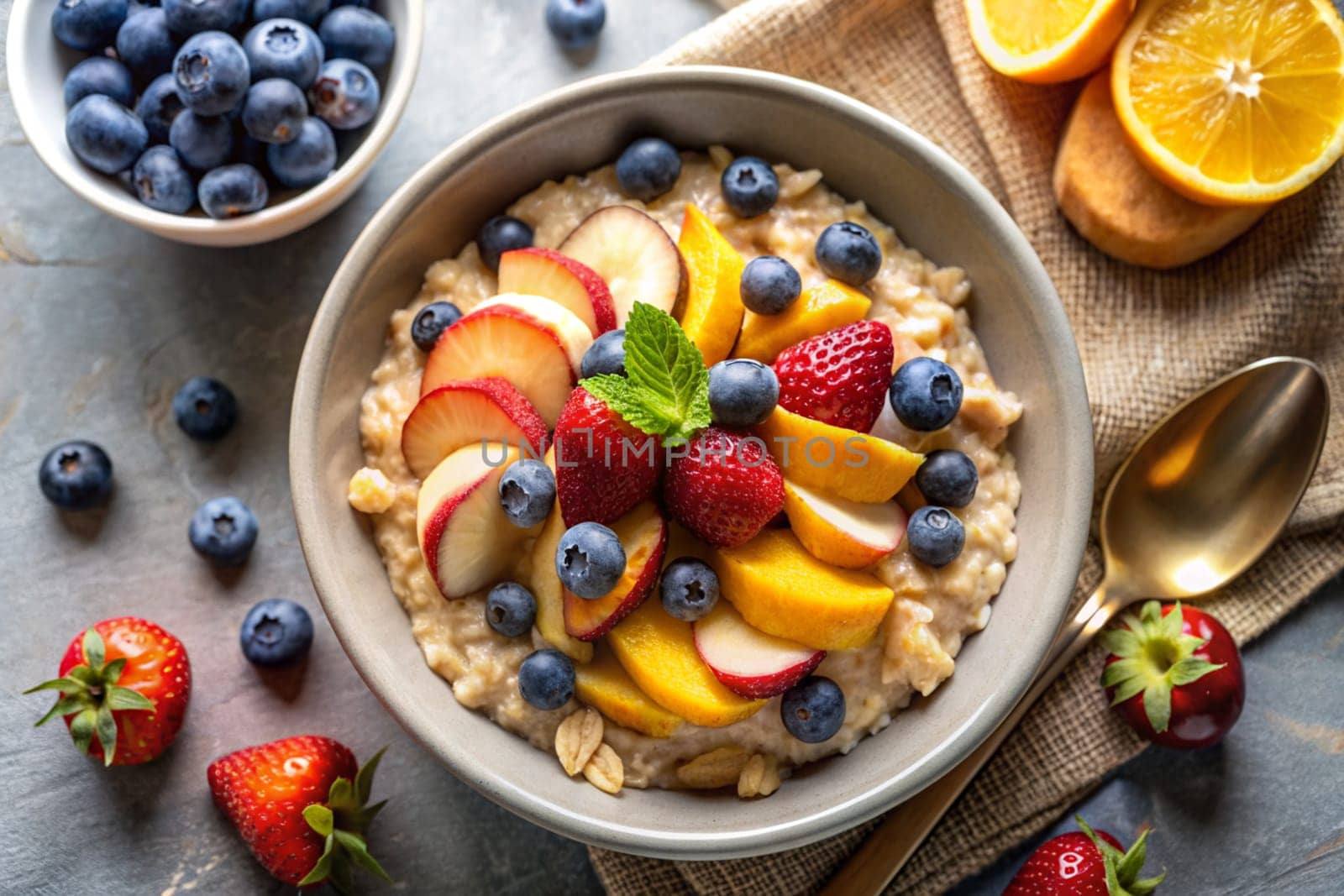 Oatmeal porridge with fruit and berries in bowl with spoon on table top view. by alenamoore