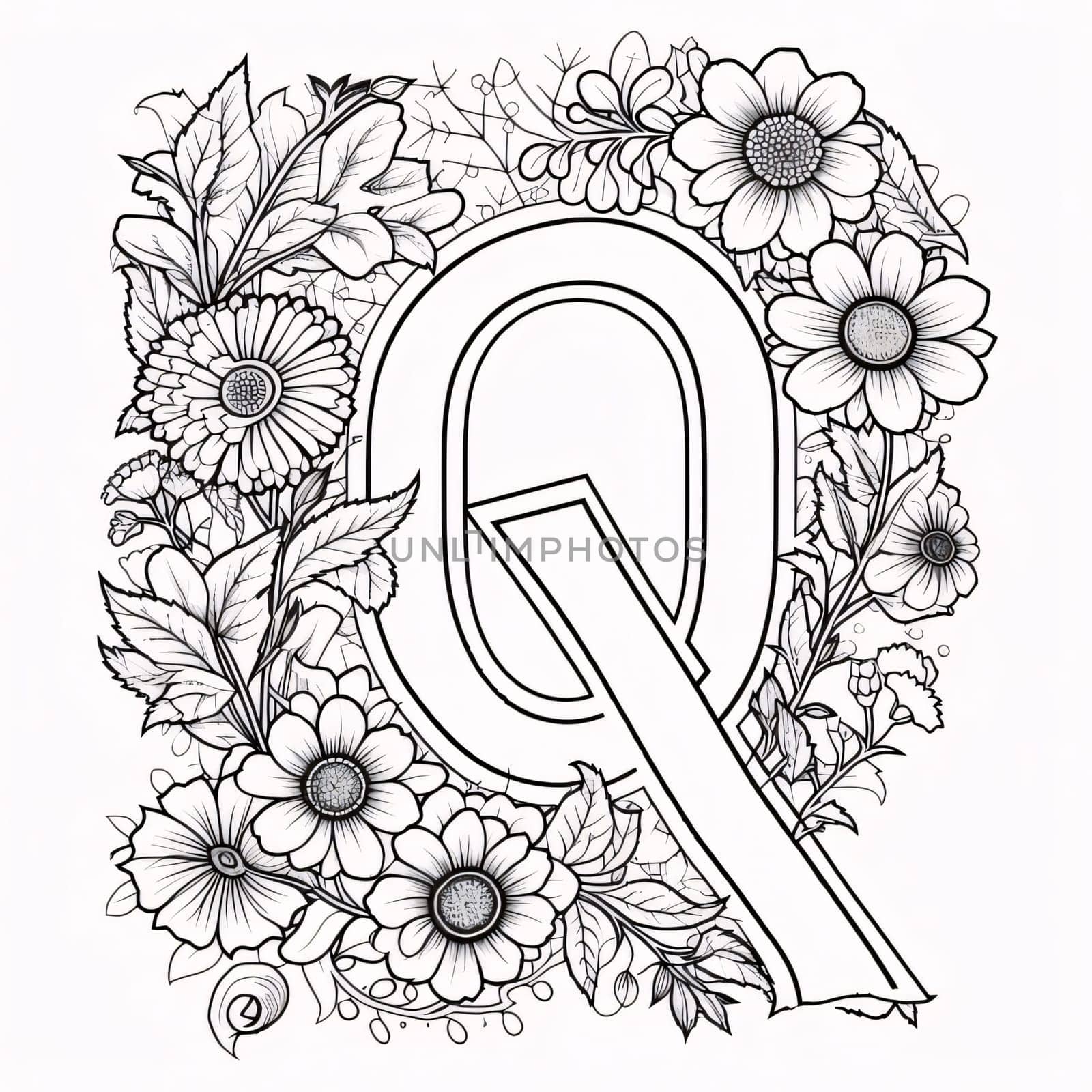 Graphic alphabet letters: Hand drawn letter Q with flowers and leaves. Vector illustration for coloring book.