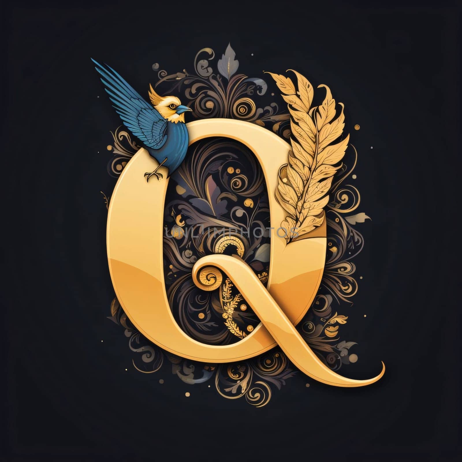 Letter q with a bird in the style of Baroque. by ThemesS