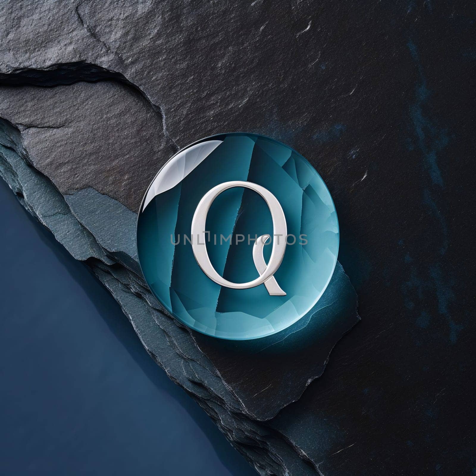 letter Q in a blue stone, 3d render, top view by ThemesS