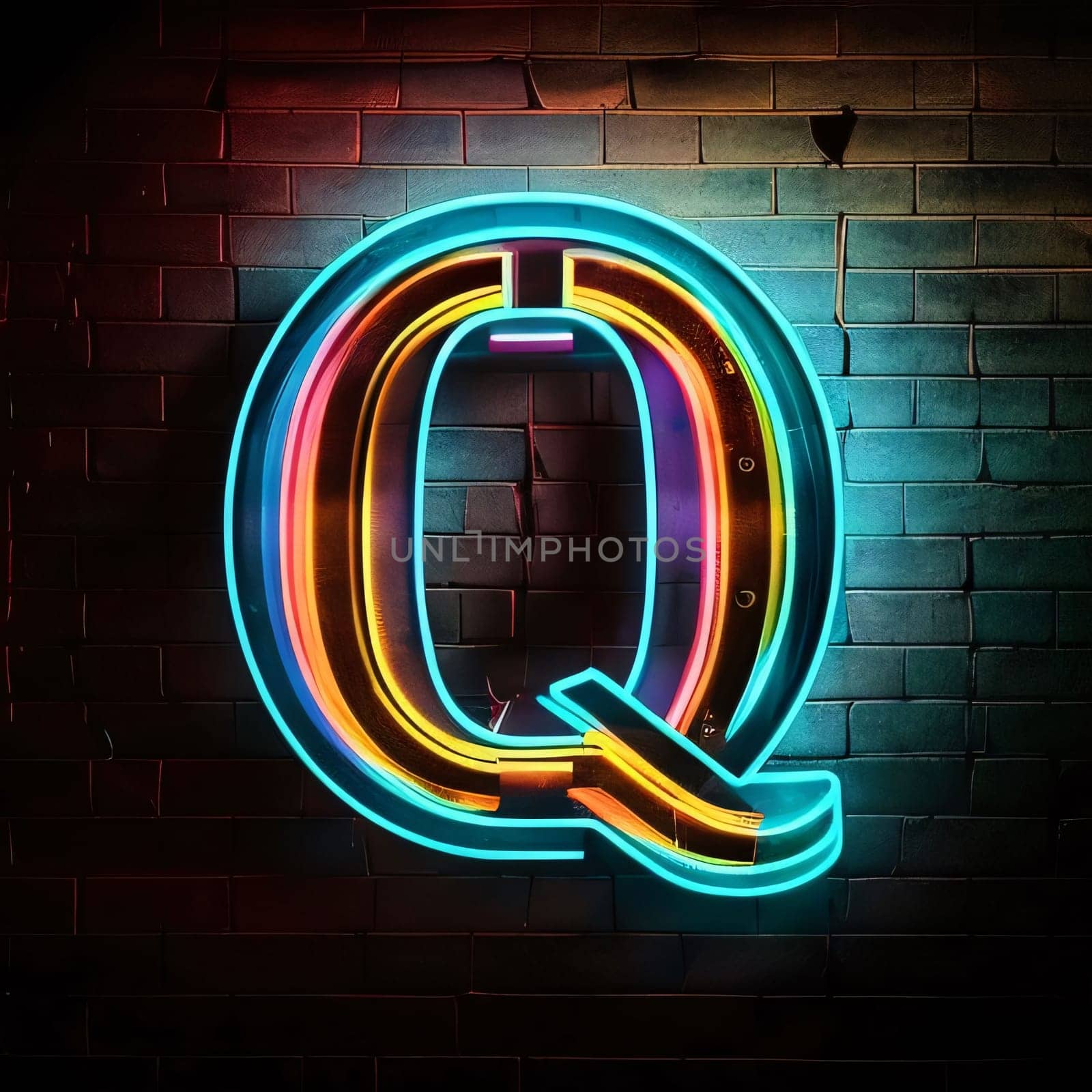 Neon letter Q on a brick wall background. Vector illustration. by ThemesS
