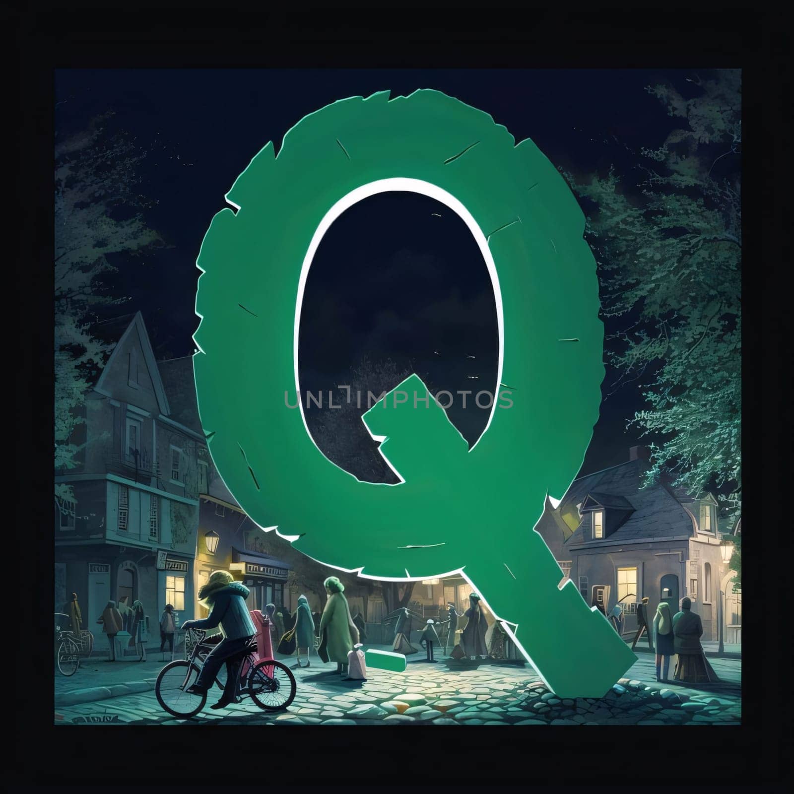 Digital composite of Q letter in front of night city. 3D rendering by ThemesS