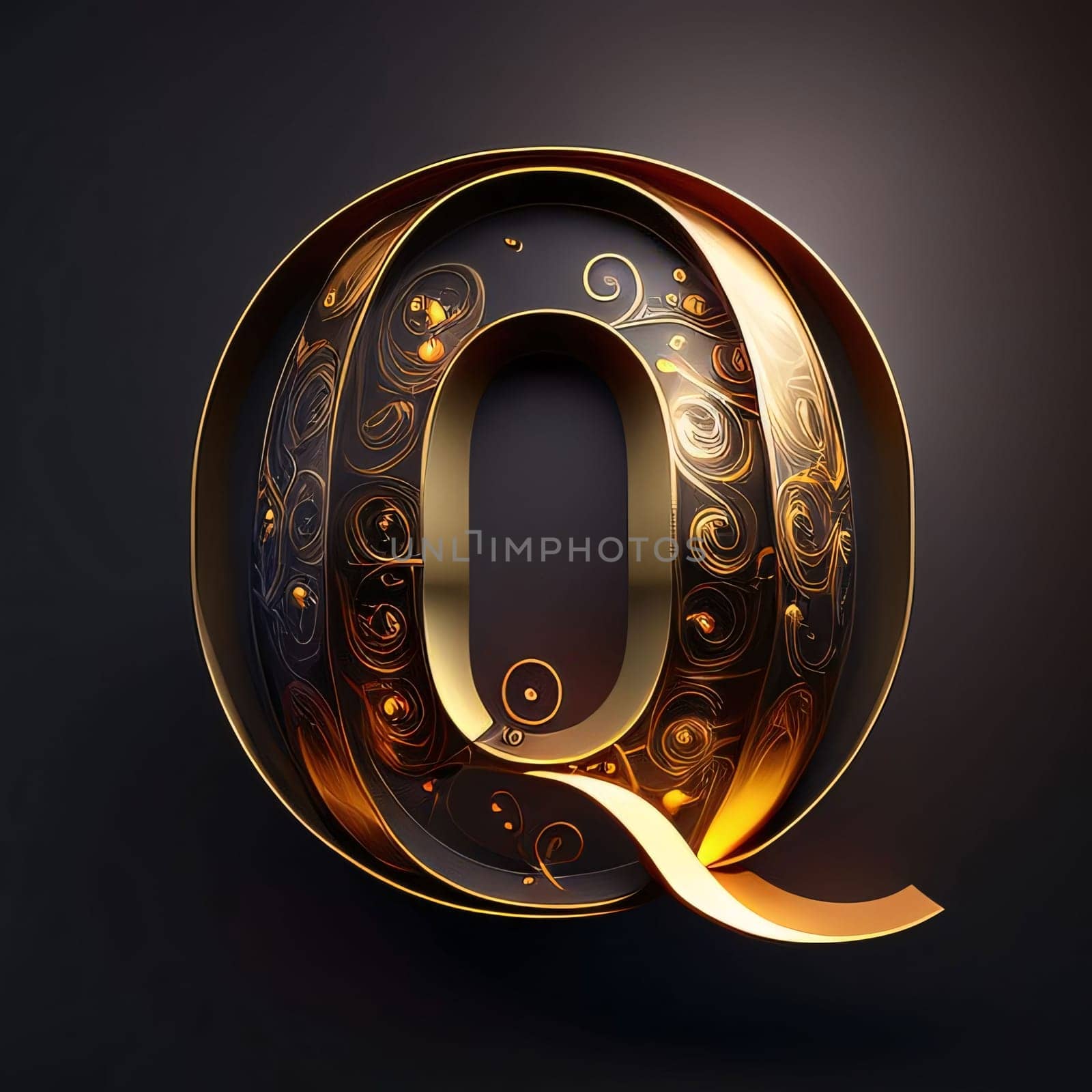 Graphic alphabet letters: 3d letter Q in black with gold ornament. 3d render