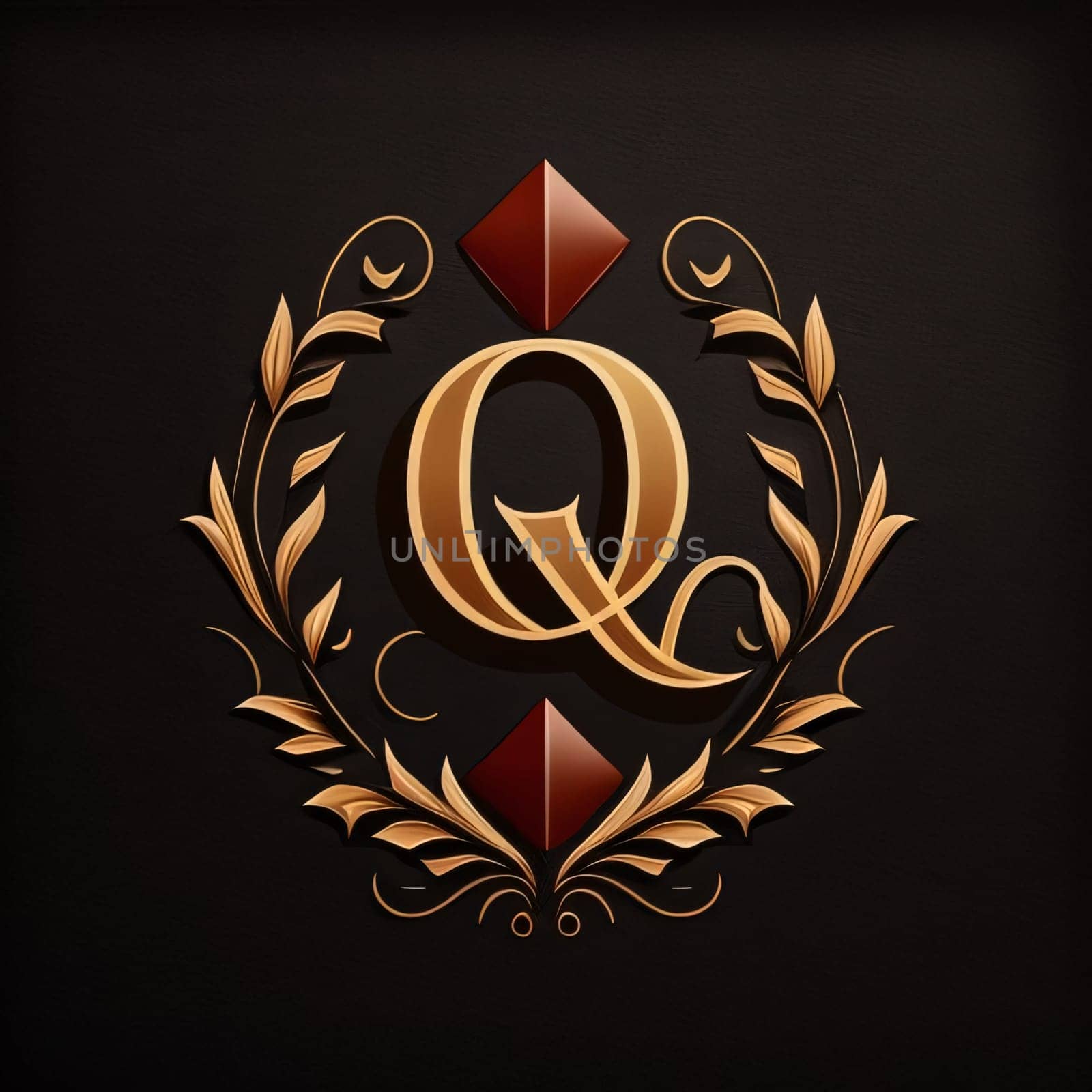 Golden letter Q in a laurel wreath on a black background. by ThemesS