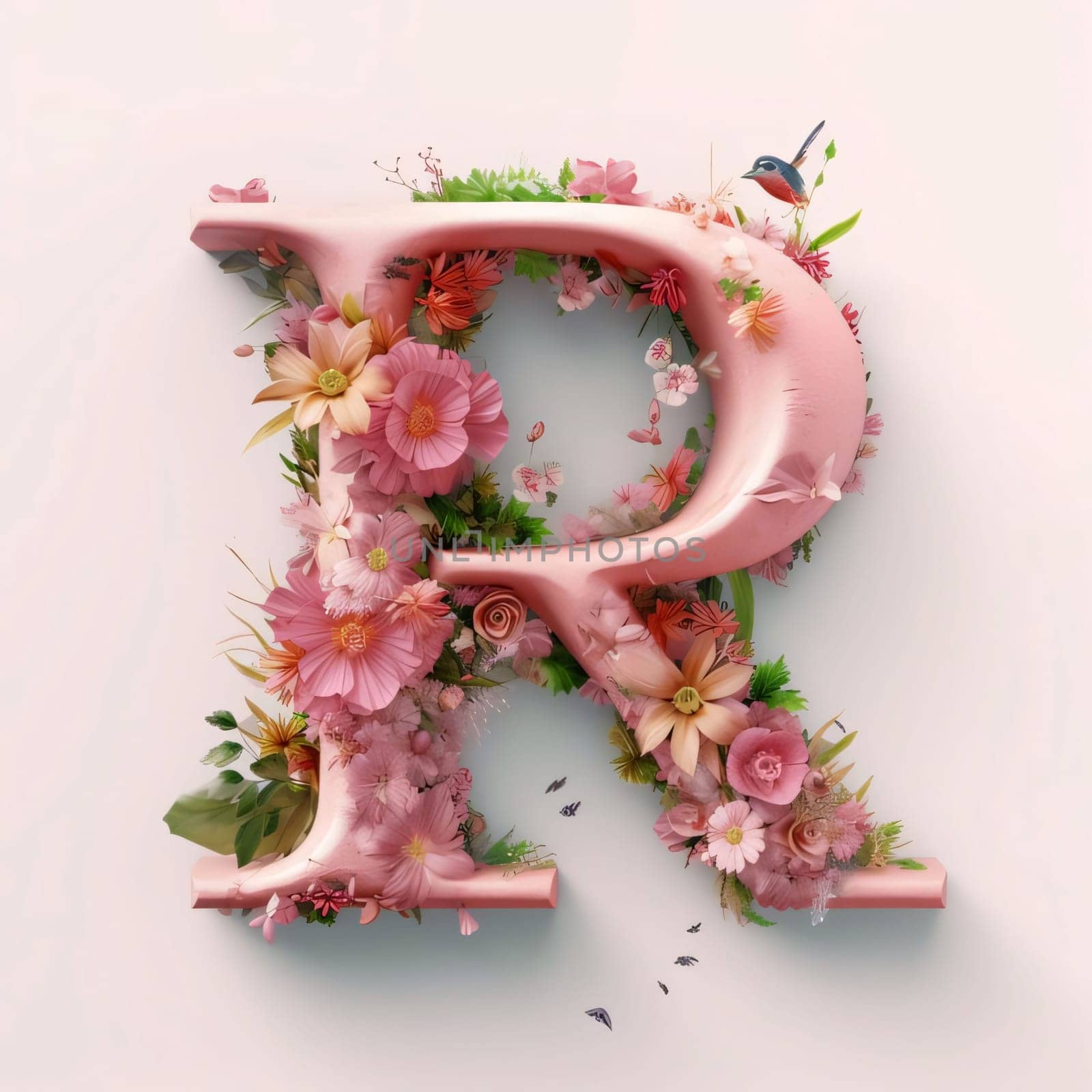 Alphabet letter R decorated with flowers and birds. 3D rendering by ThemesS