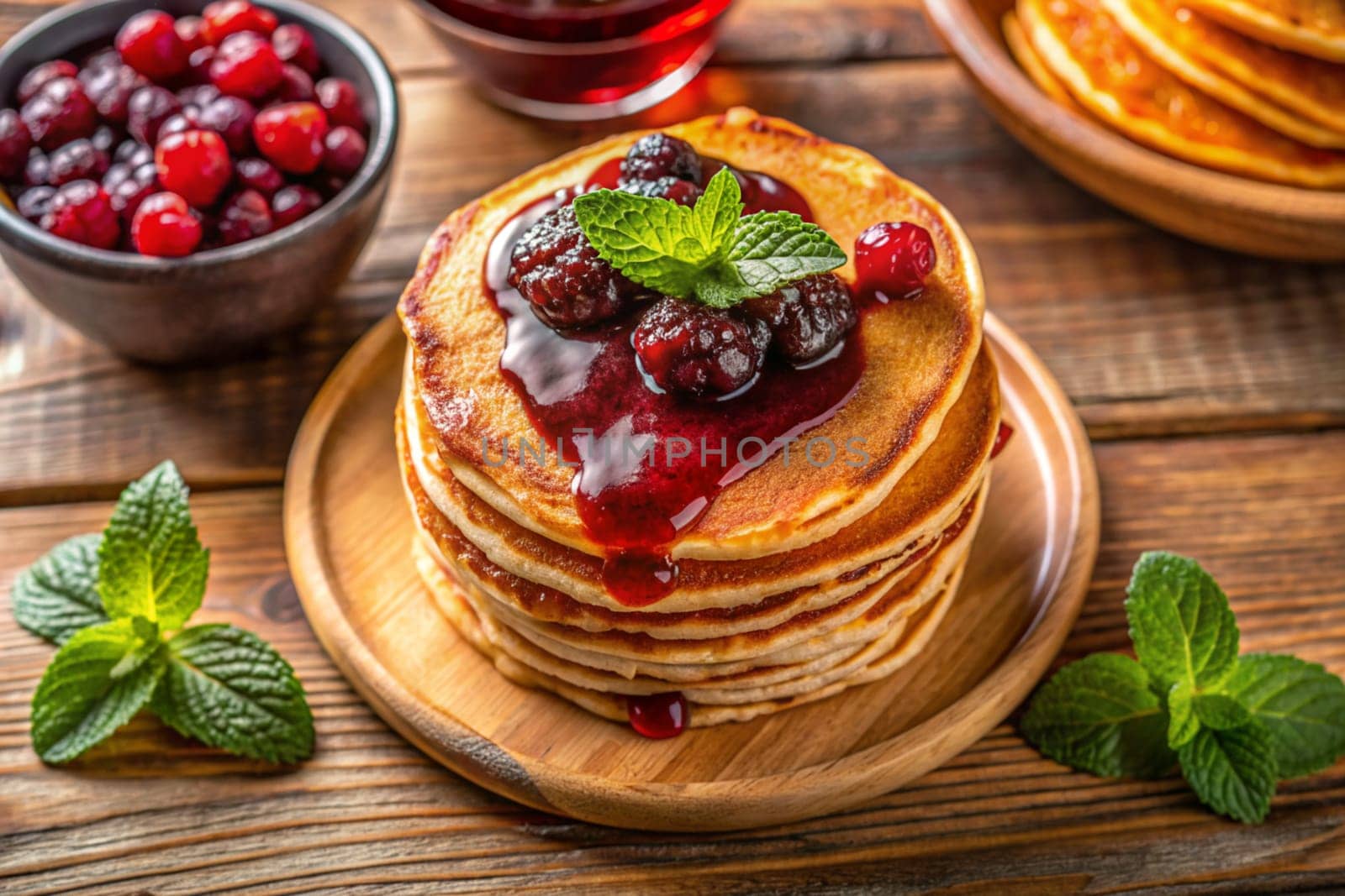 Pancakes with raspberry jam, raspberries, and mint leaves on a wooden background. Ai generated image