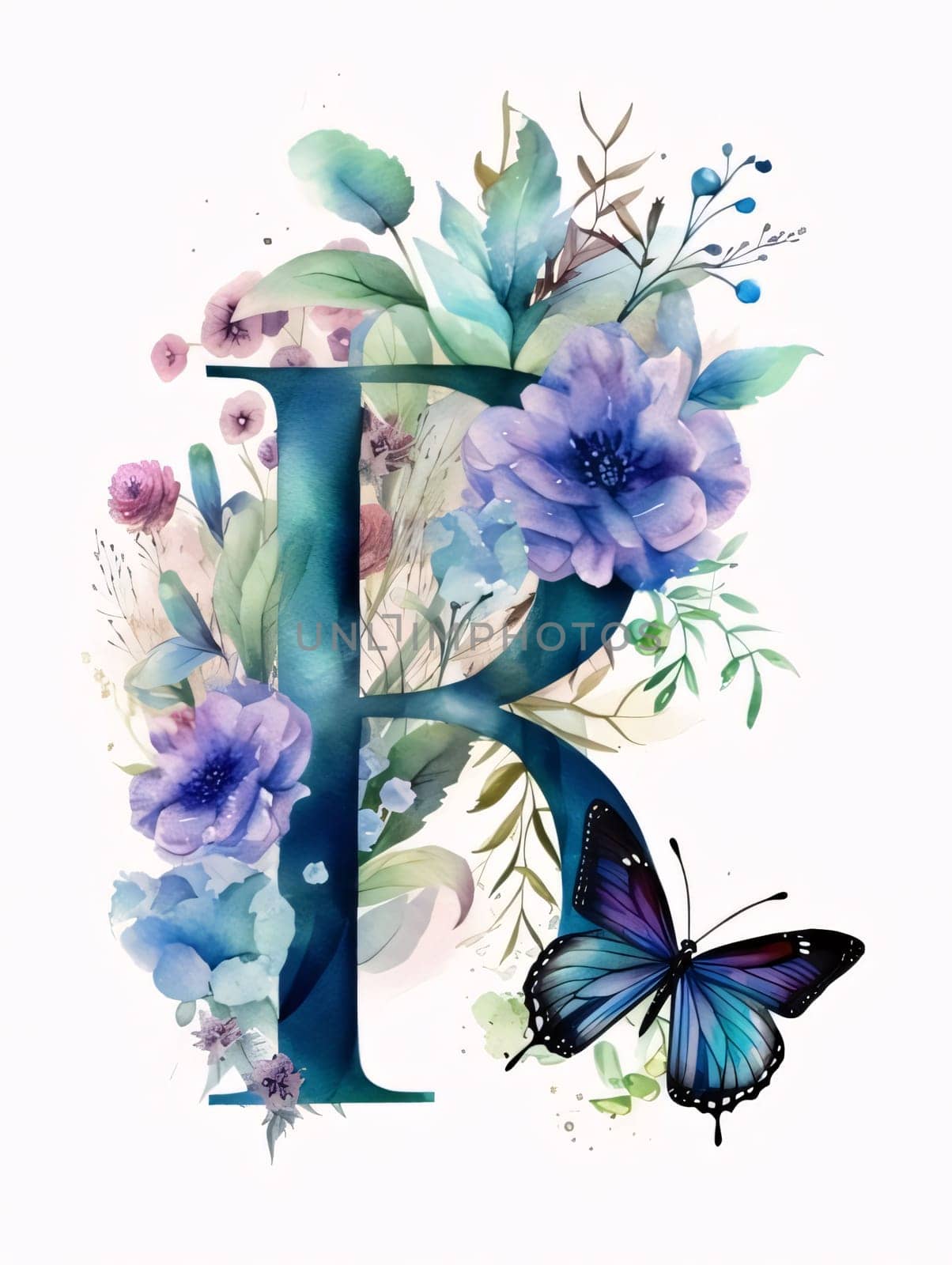 Watercolor letter R with blue flowers, leaves and butterfly isolated on white background. by ThemesS