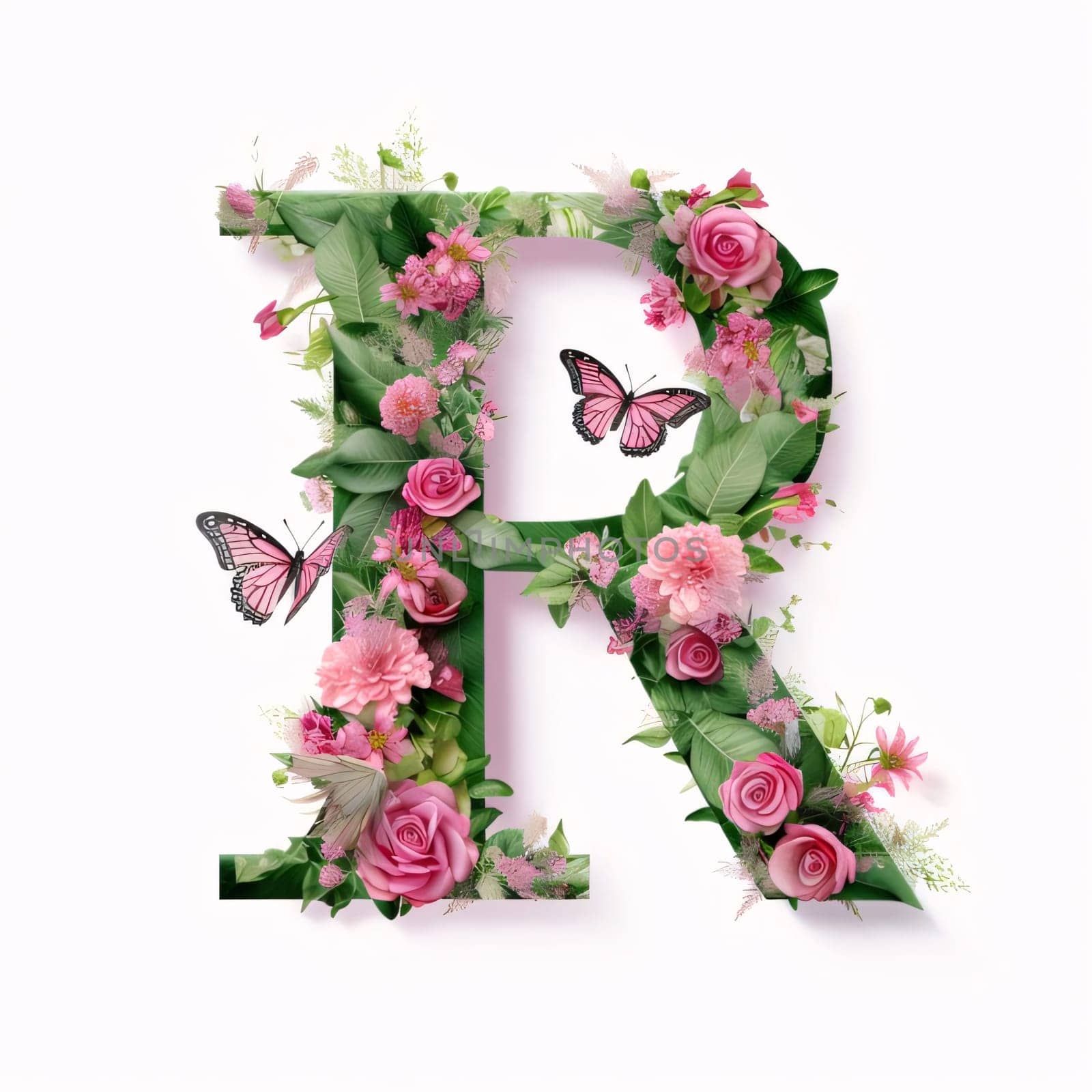 Graphic alphabet letters: Alphabet letter R made of pink flowers and butterflies isolated on white background