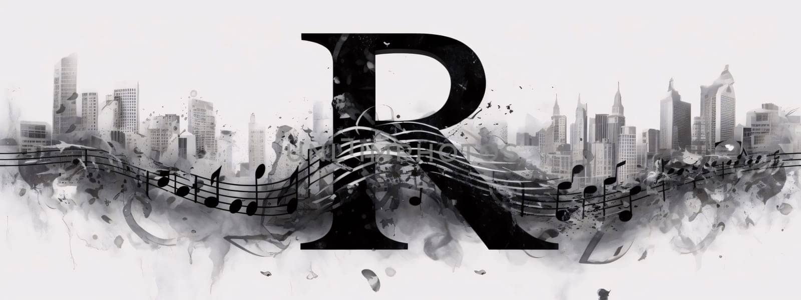 Graphic alphabet letters: Abstract musical background. Black and white illustration with musical notes and city