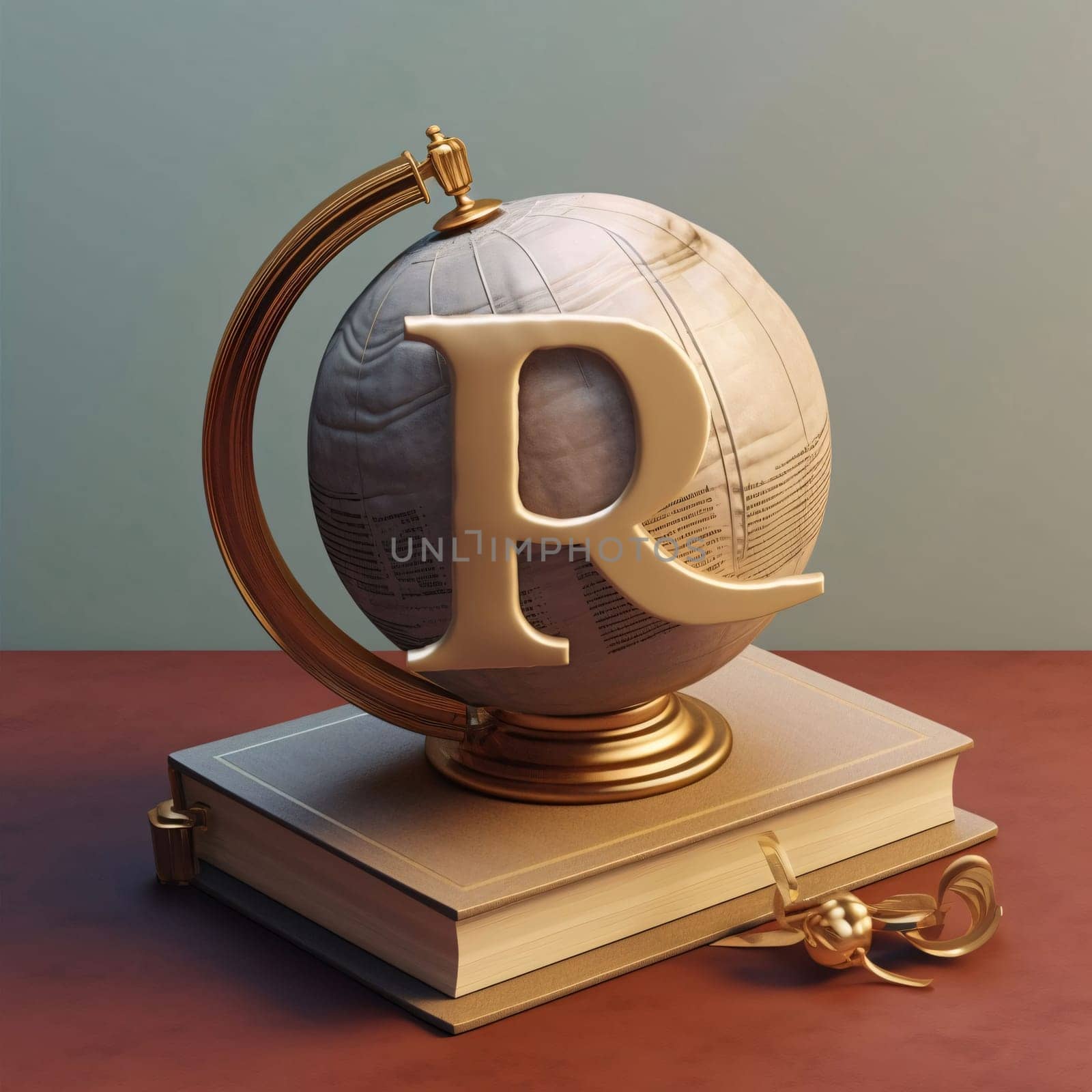 Graphic alphabet letters: The letter R in the alphabet on the globe. 3D rendering
