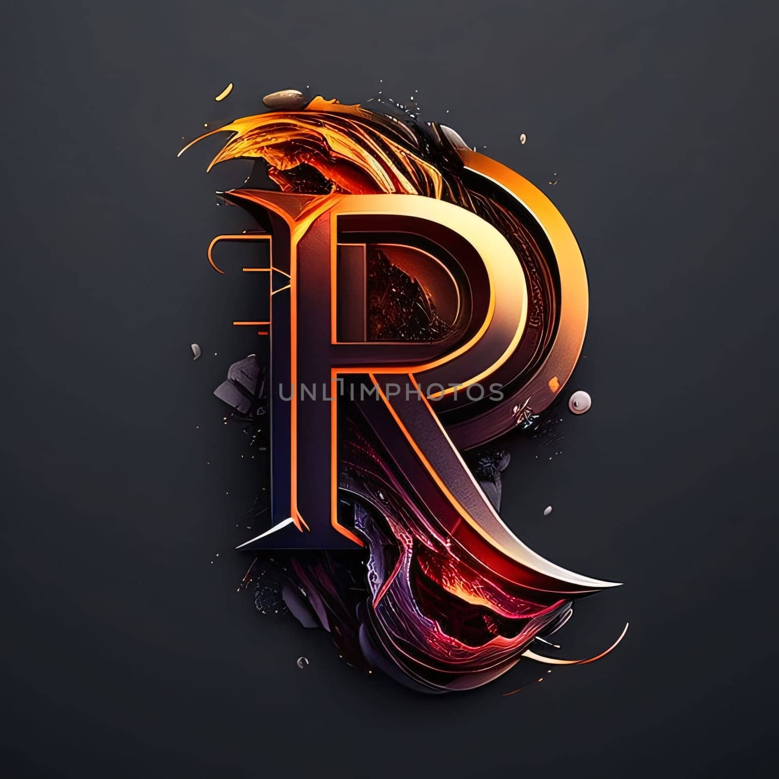 Graphic alphabet letters: Futuristic letter R with fire flames on black background. Vector illustration.
