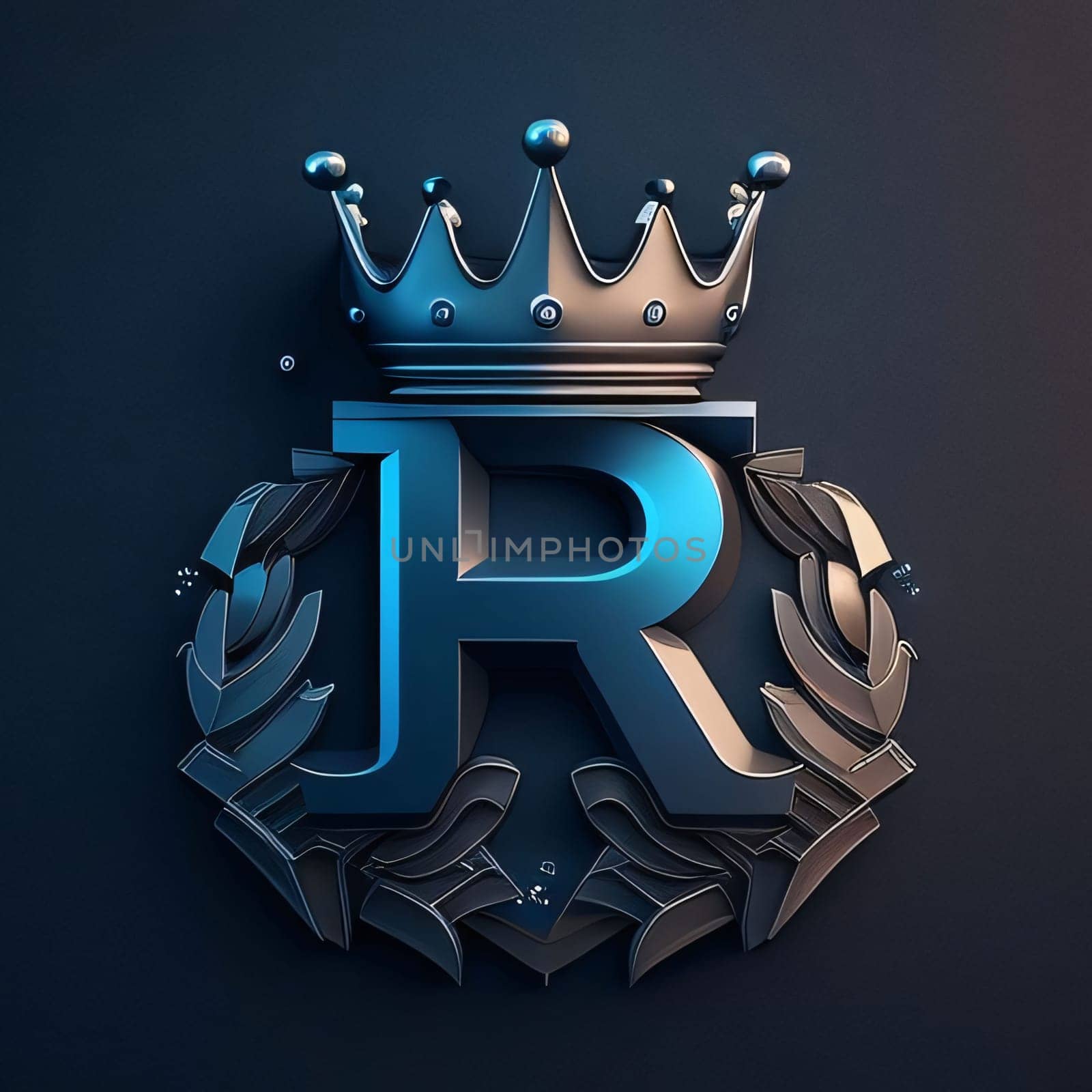 Graphic alphabet letters: 3d rendering of letter R in the form of a shield with crown