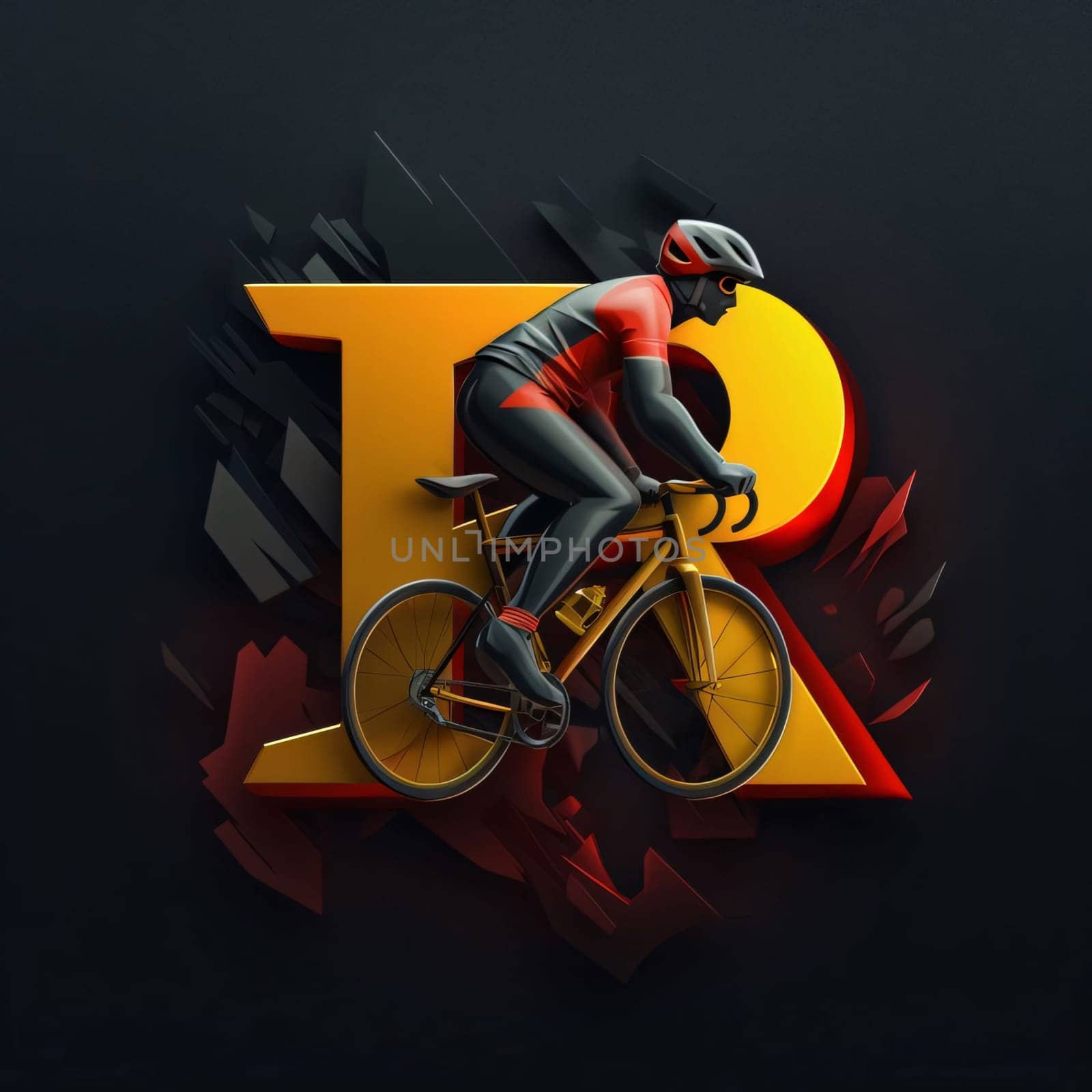 Graphic alphabet letters: Cyclist in front of the number one. 3D illustration