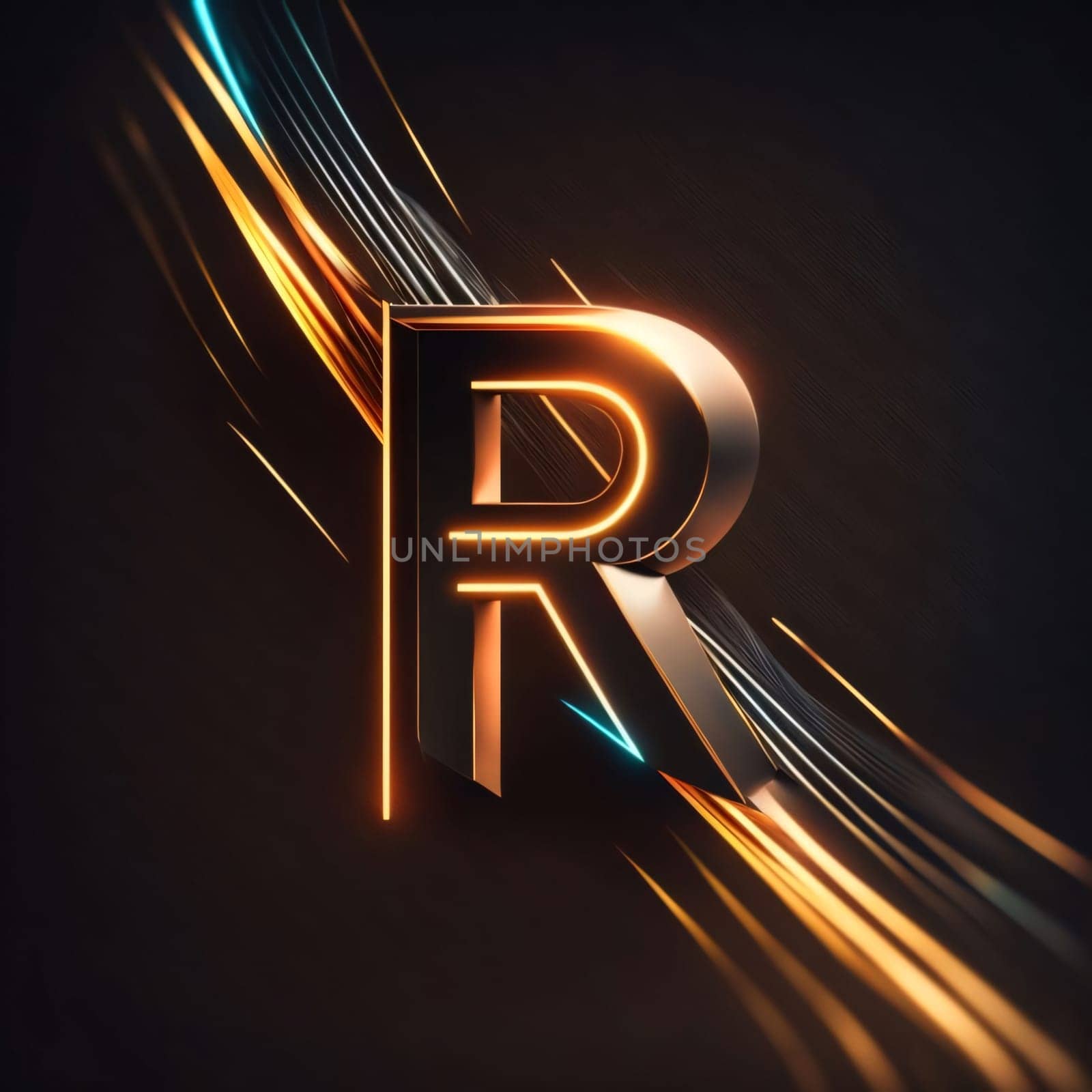 Glowing letter R on a dark background. 3D rendering. by ThemesS