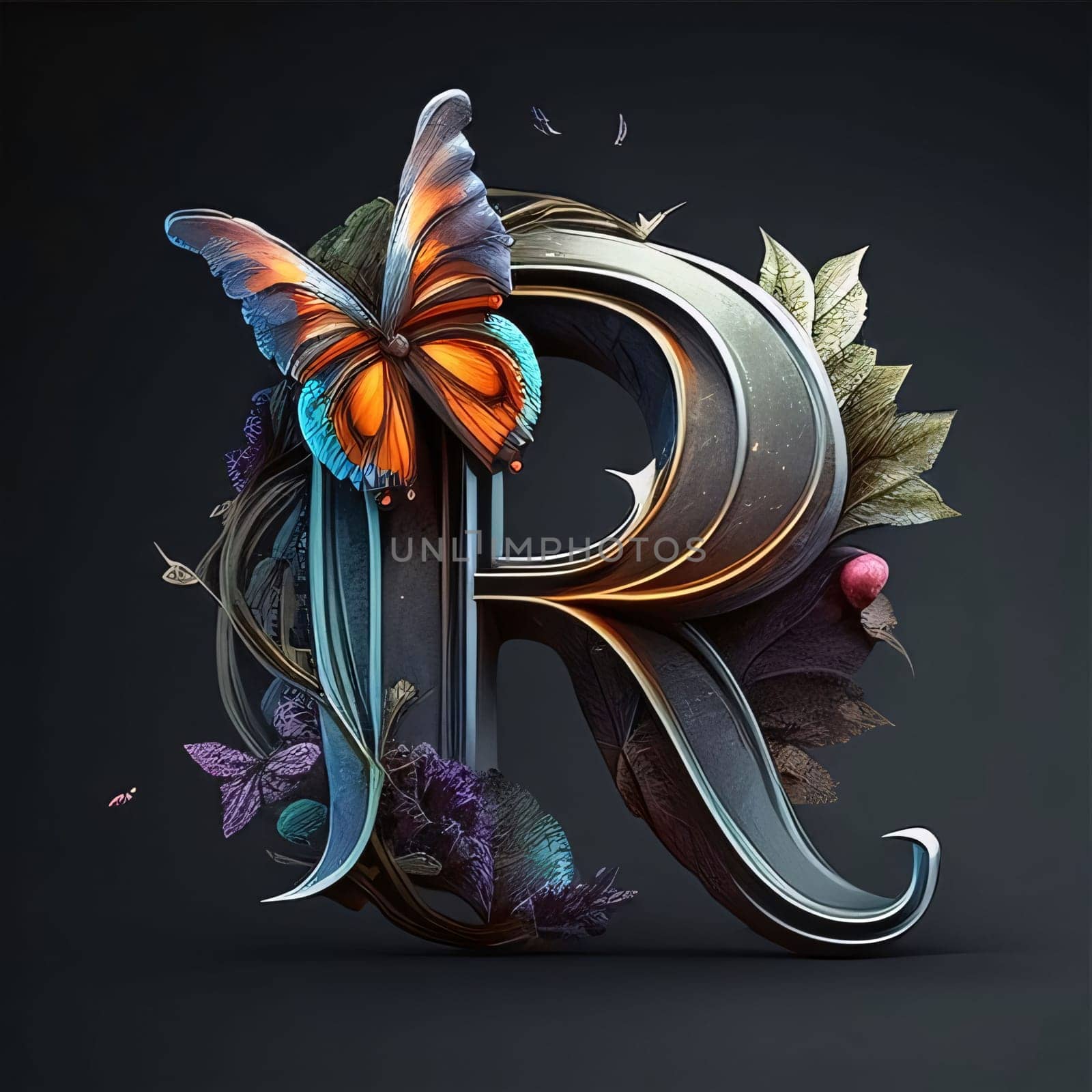 Letter R with butterfly. 3D render. Black background. Design element. by ThemesS