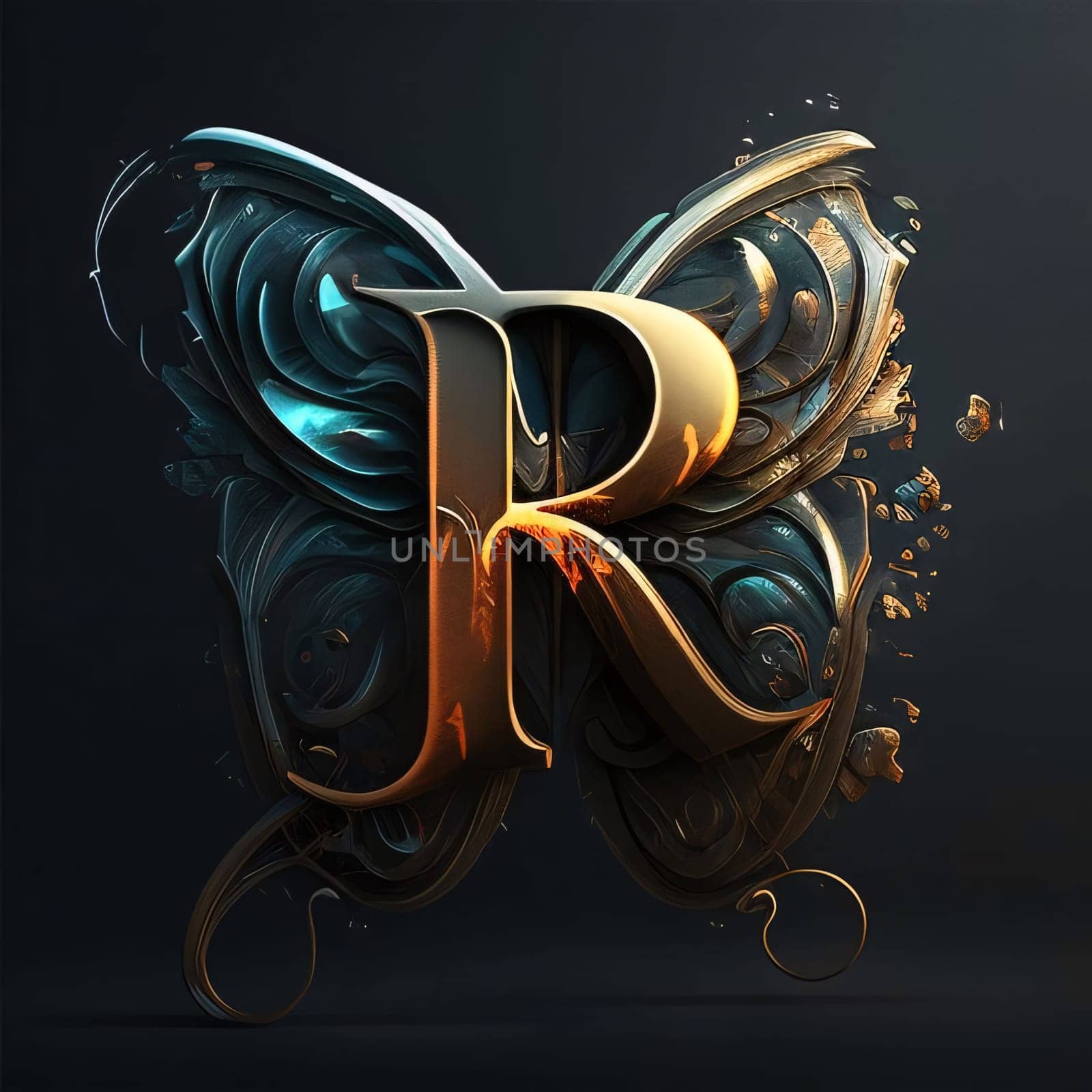 Graphic alphabet letters: 3D render of metallic letter R with floral ornament isolated on black background.