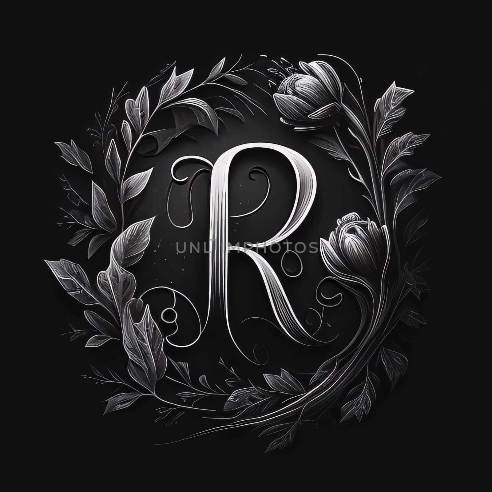 Hand drawn letter R in floral frame on black background. Floral monogram. by ThemesS