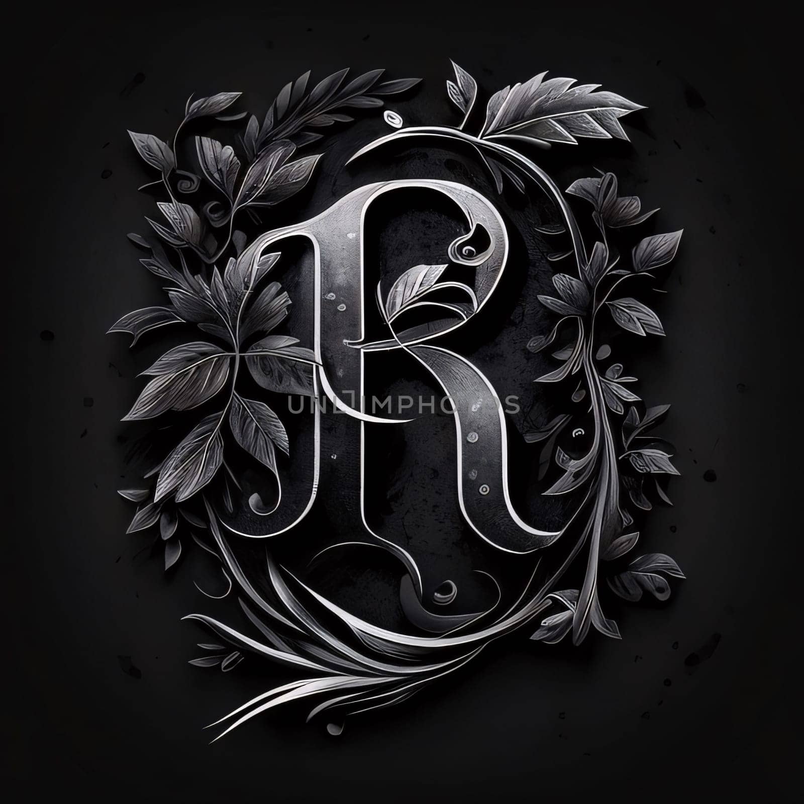 Graphic alphabet letters: Vintage monogram with floral ornament. Letter R. Black background.