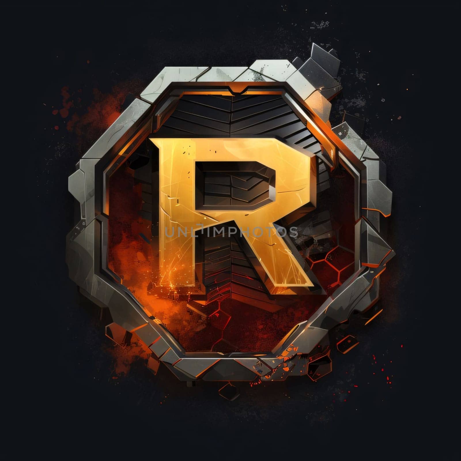 Graphic alphabet letters: Futuristic letter R uppercase with flames on black background