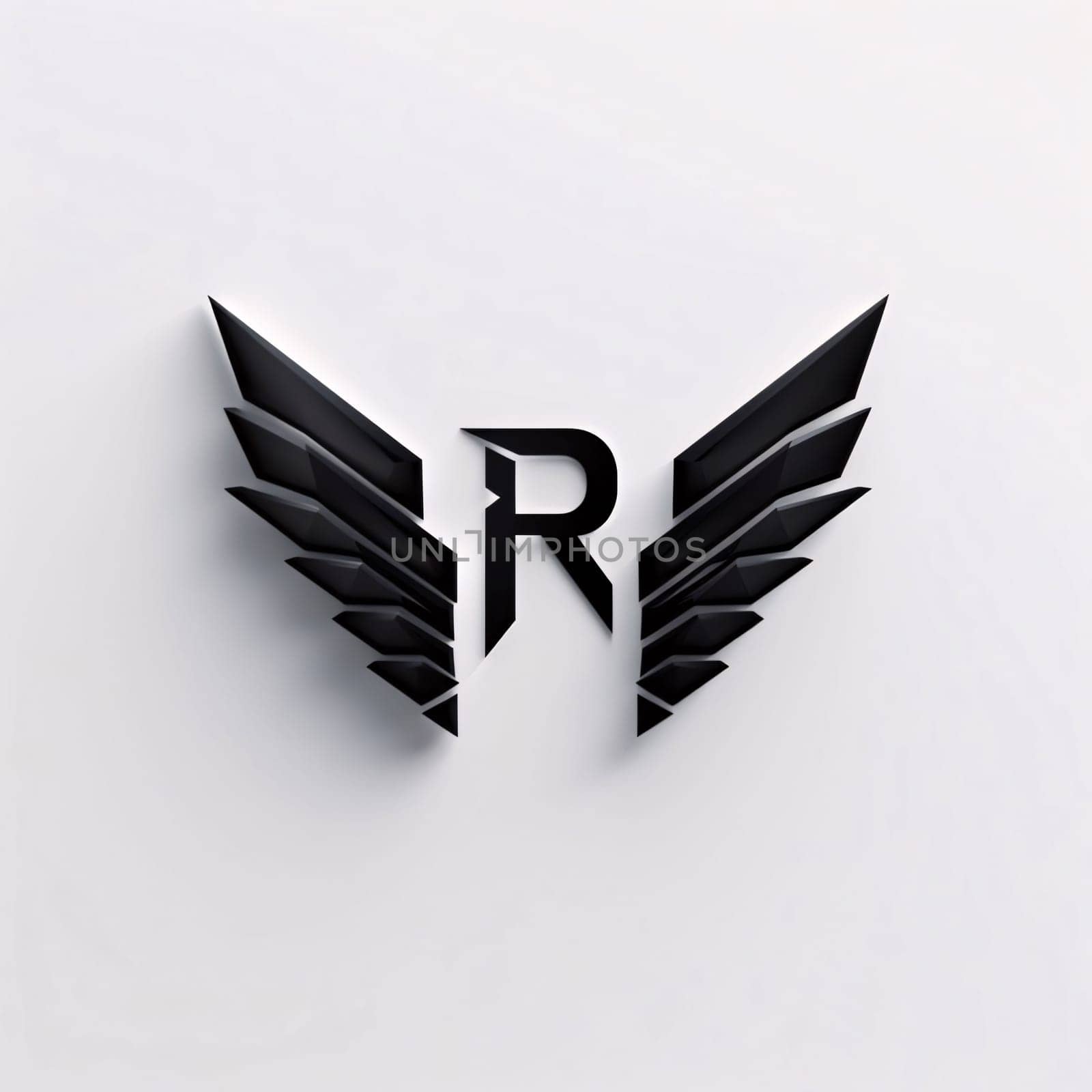 Letter R logo with black wings on white background. 3d rendering by ThemesS