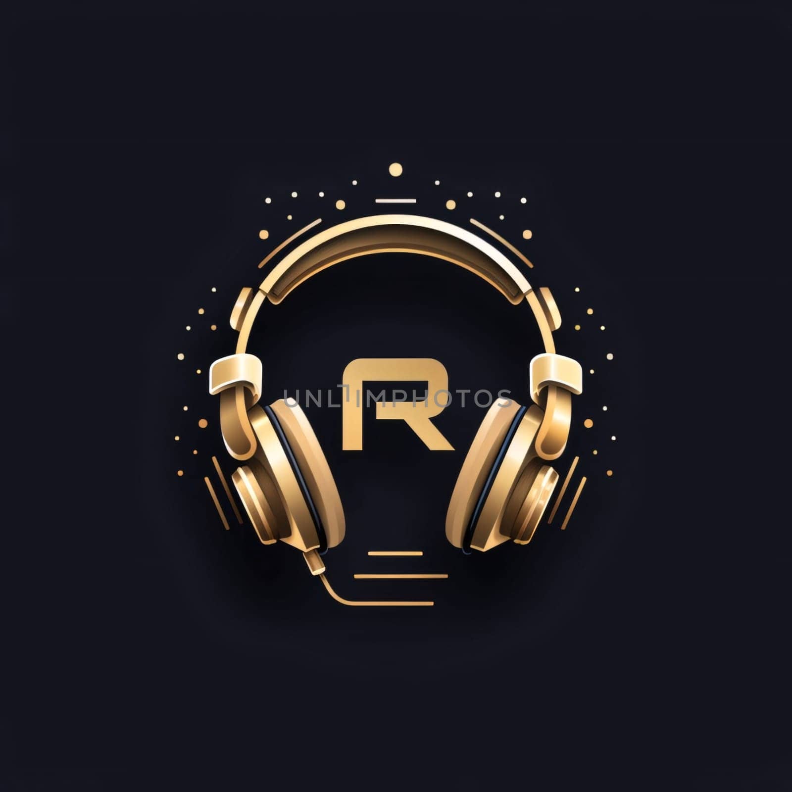 Graphic alphabet letters: Gold headphones and letter R. Isolated on black background. Vector illustration.