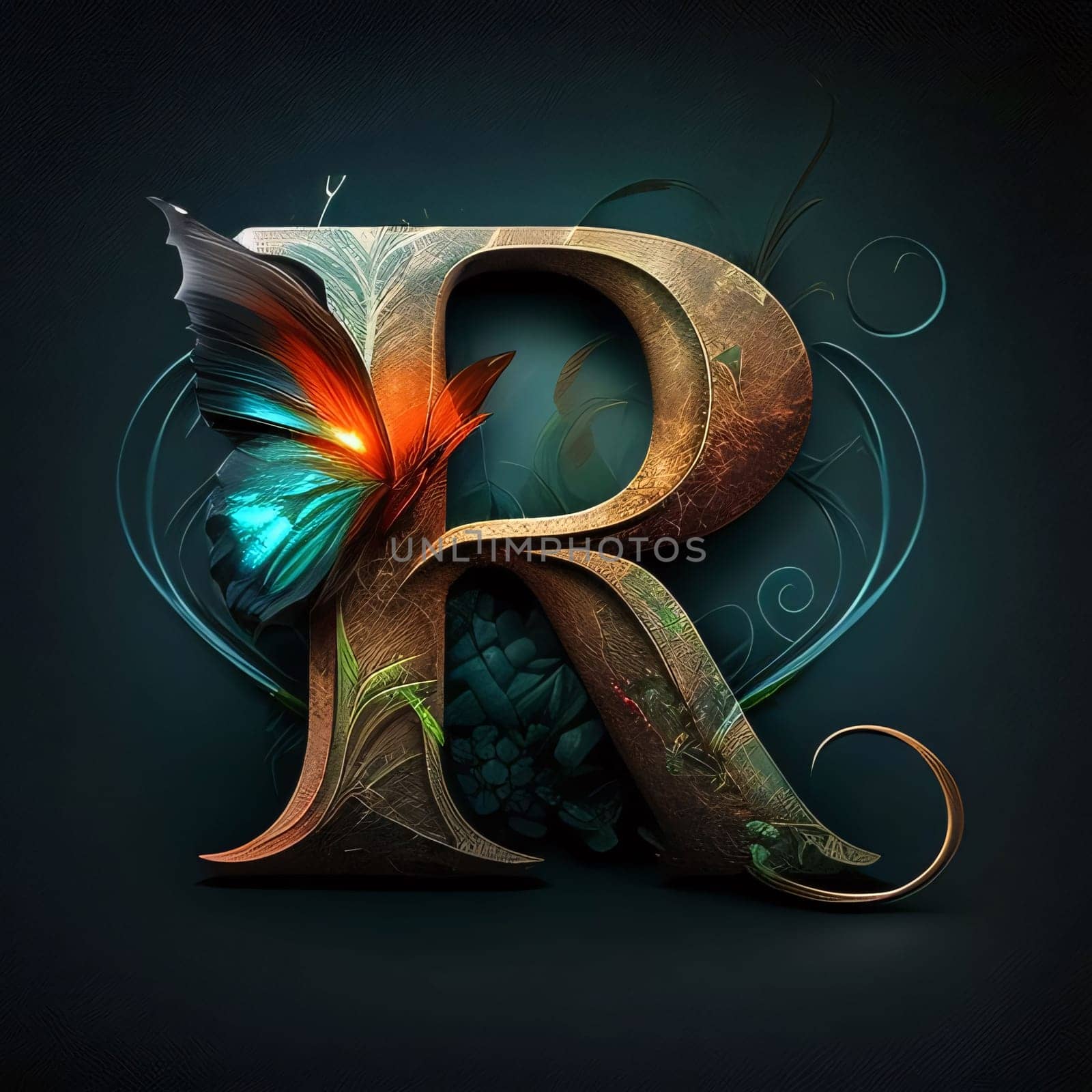 Graphic alphabet letters: Beautiful butterfly in the form of letter R on a dark background.