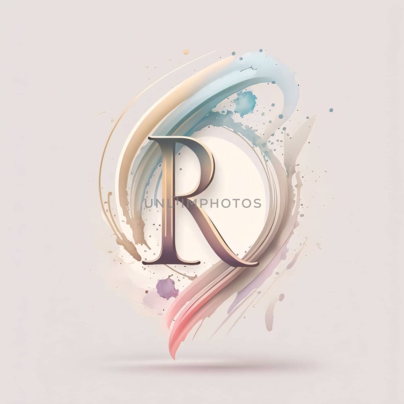 Graphic alphabet letters: R letter with watercolor splash and brush stroke. Vector illustration.