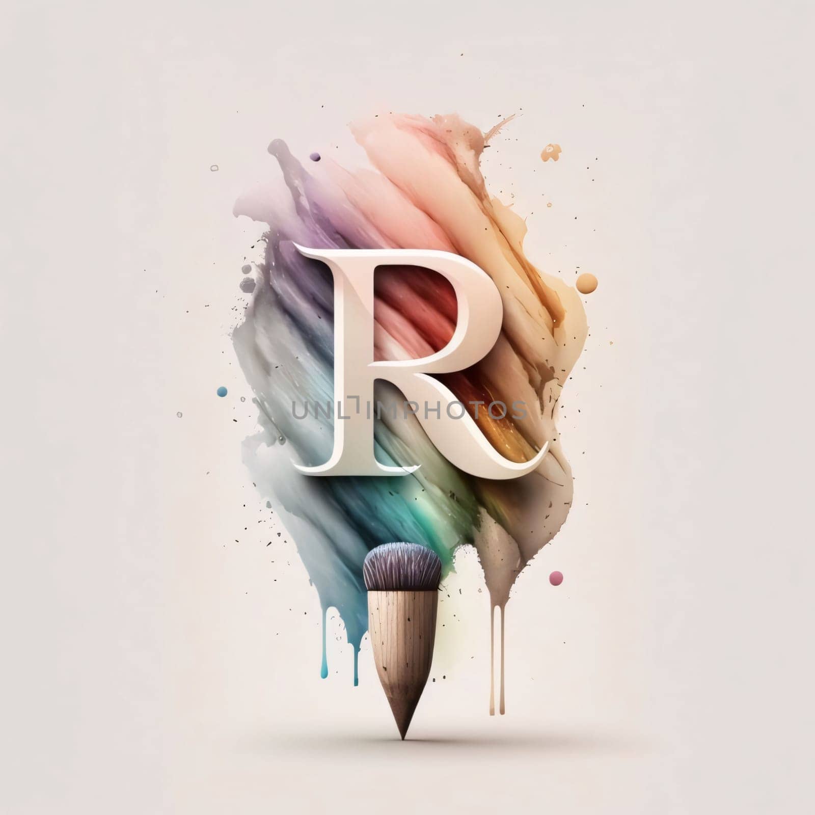 Graphic alphabet letters: Brush and letter R painted with watercolor paint. Vector illustration.