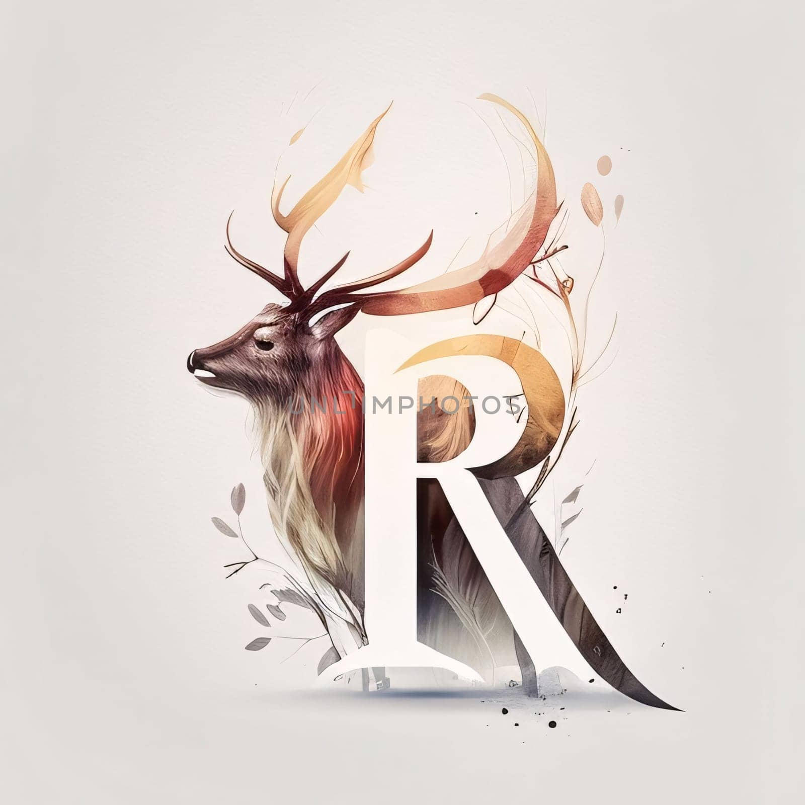 Creative letter R with deer head, watercolor painting, vector illustration. by ThemesS