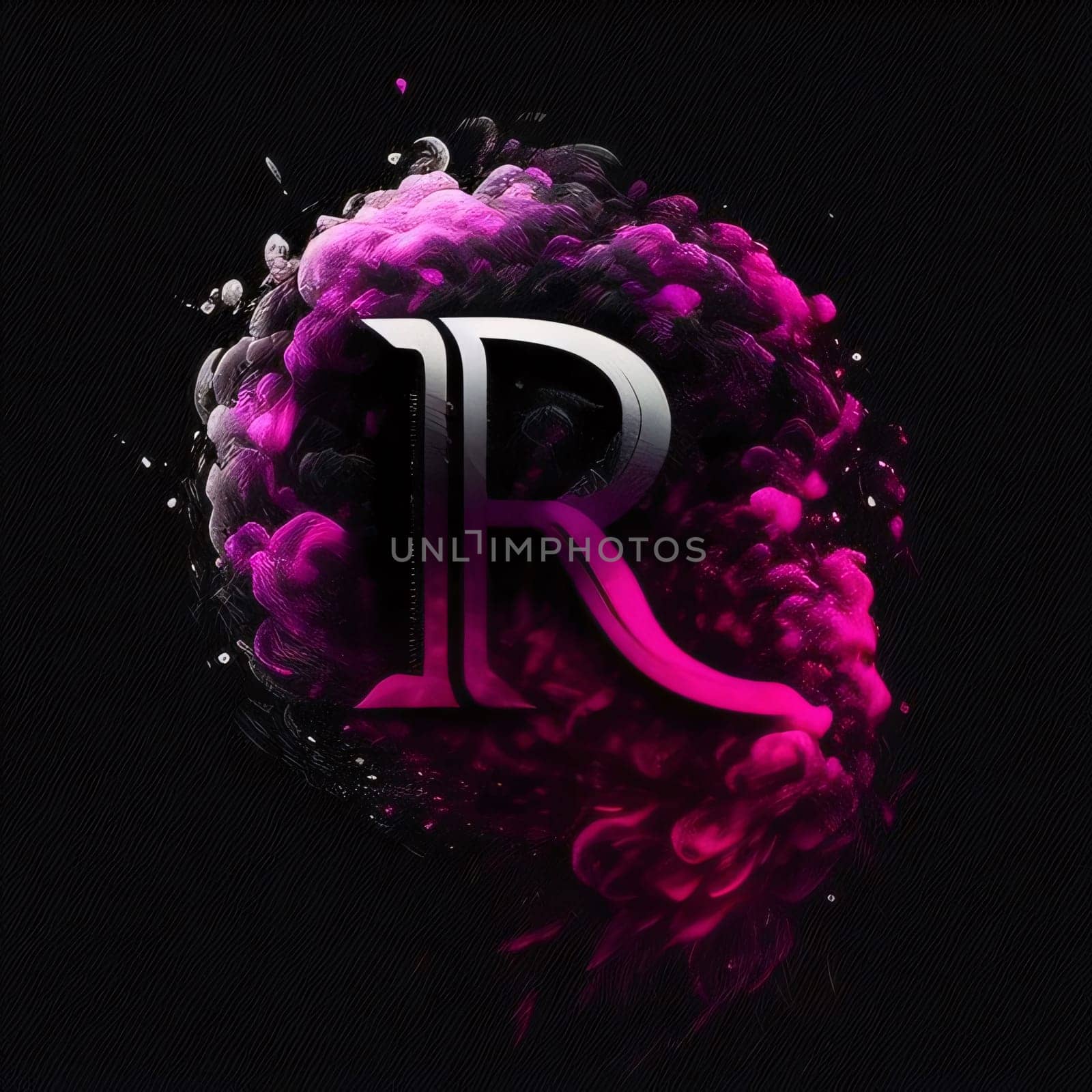 Graphic alphabet letters: 3d rendering of letter R in pink smoke isolated on black background