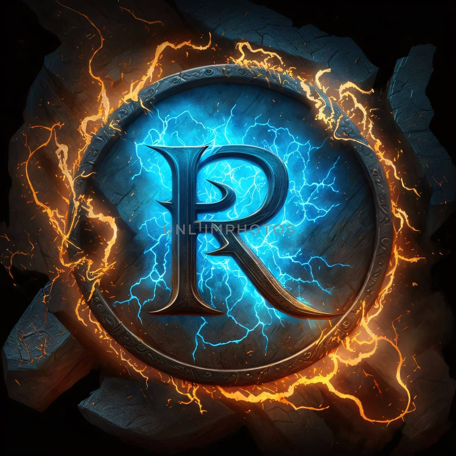 Fiery letter R in the form of a coin on a dark background by ThemesS