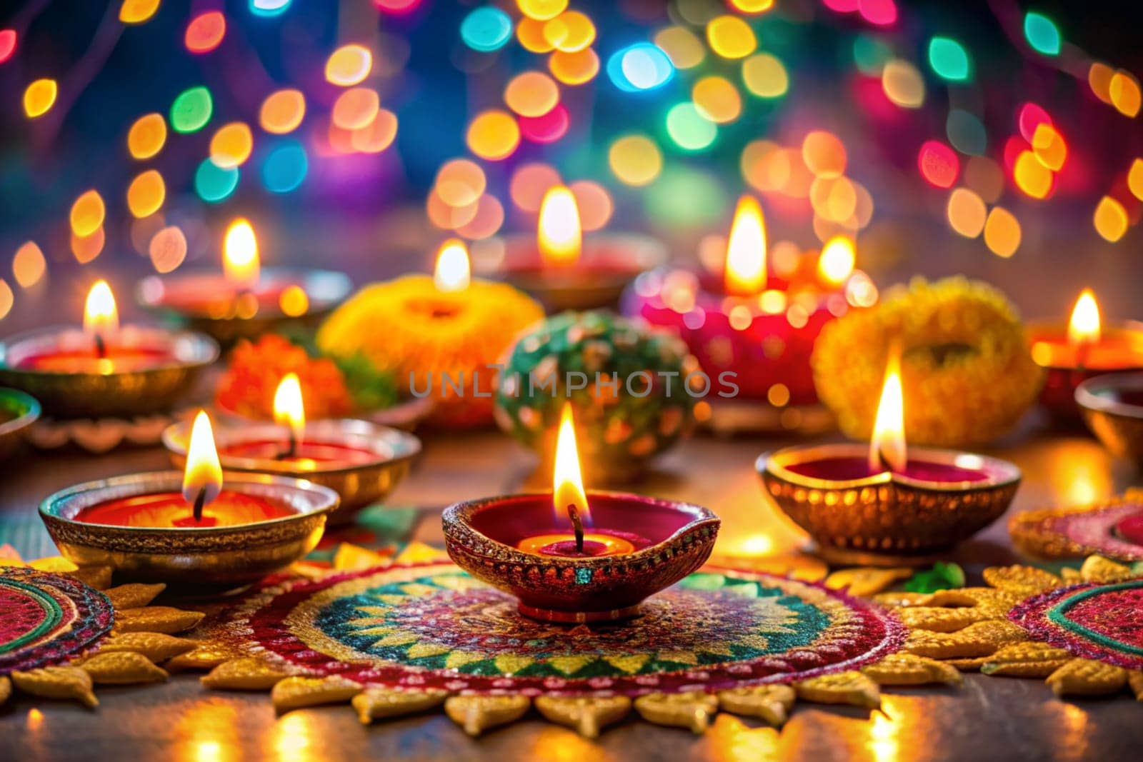 Deepak lights on dewali. Front view of traditional Indian oil lamps. Ai generated by alenamoore